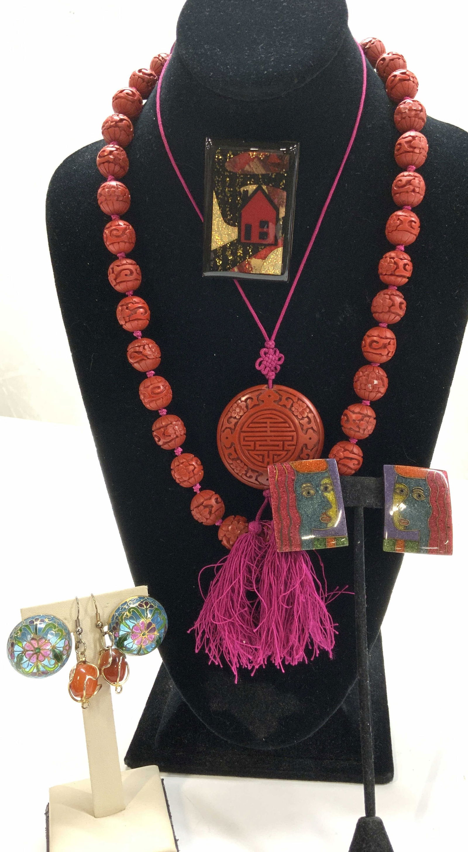 9 Asian Cinnabar Style Necklaces, Cubist Earrings (1 of 10)