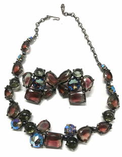 Schiaparelli Vintage Glass Jewelry Set, 3: Elsa Schiaparelli Choker necklace and clip on earrings with glass and iridescent crystals. Earrings are heavy & chunky, measure 1.5 x 1.5 in. Necklace has adjustable length , 13.5-16.5 in. Drop avg 6