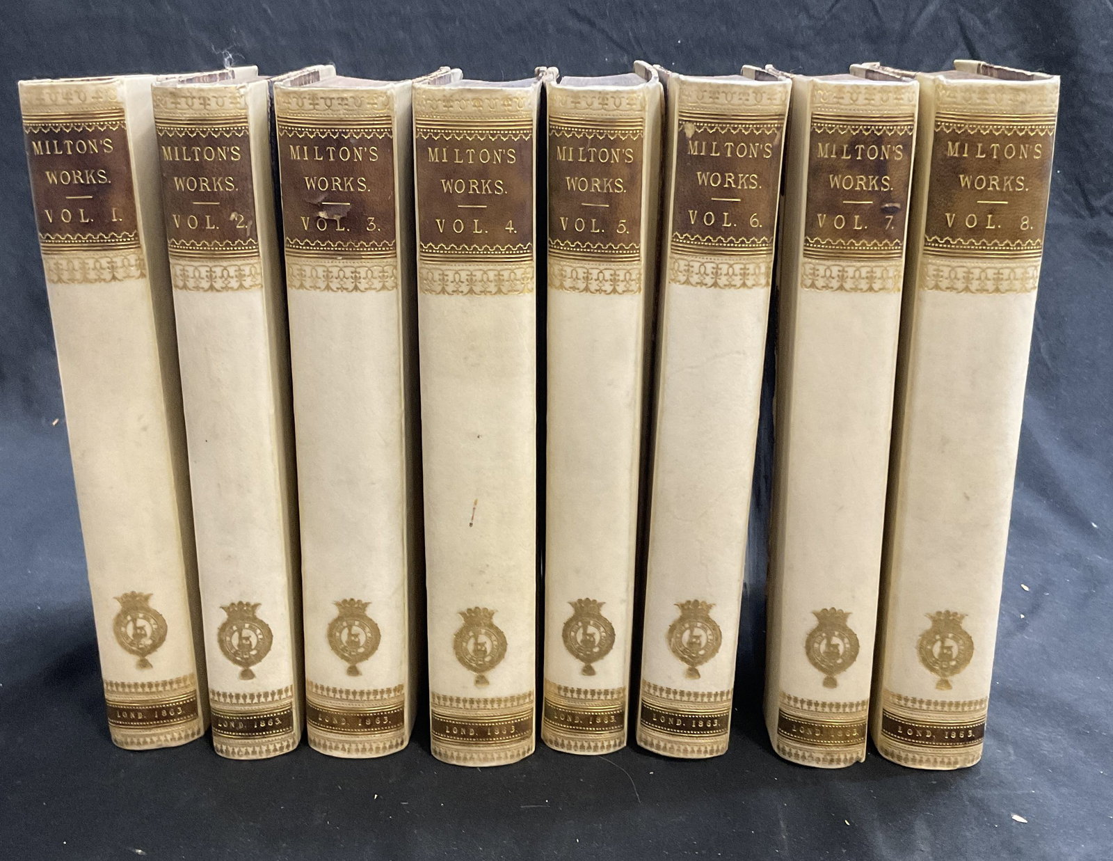 Antq 8 Vols Vellum Bound Miltons Works Books 1863 (1 of 15)