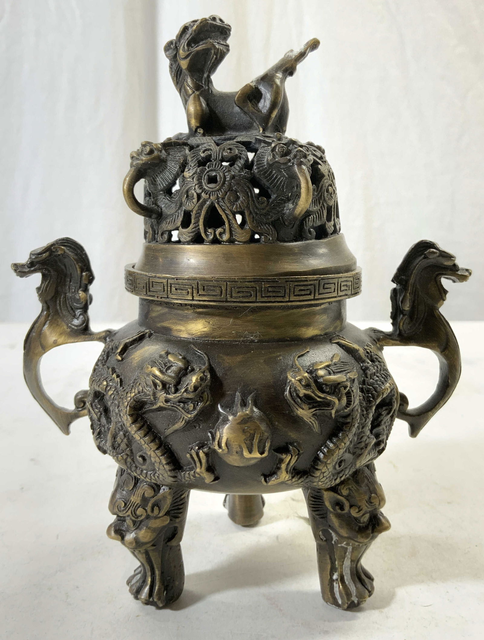 Signed Bronze Lidded Asian Incense Burner, Censer (1 of 8)