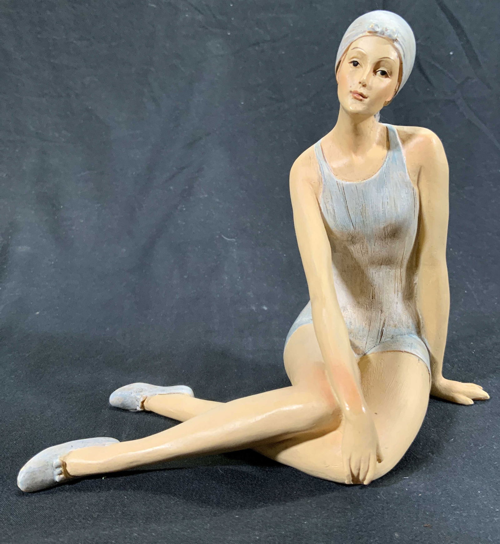 Vintage Wooden Bathing Beauty Female Figural: Female figure is vintage and wooden. Piece depicts a seated female flapper figure wearing hat & bathing suit. Piece measures approx 5.5 inches tall 6 inches wide 4 inches deep. Female figure, wooden f