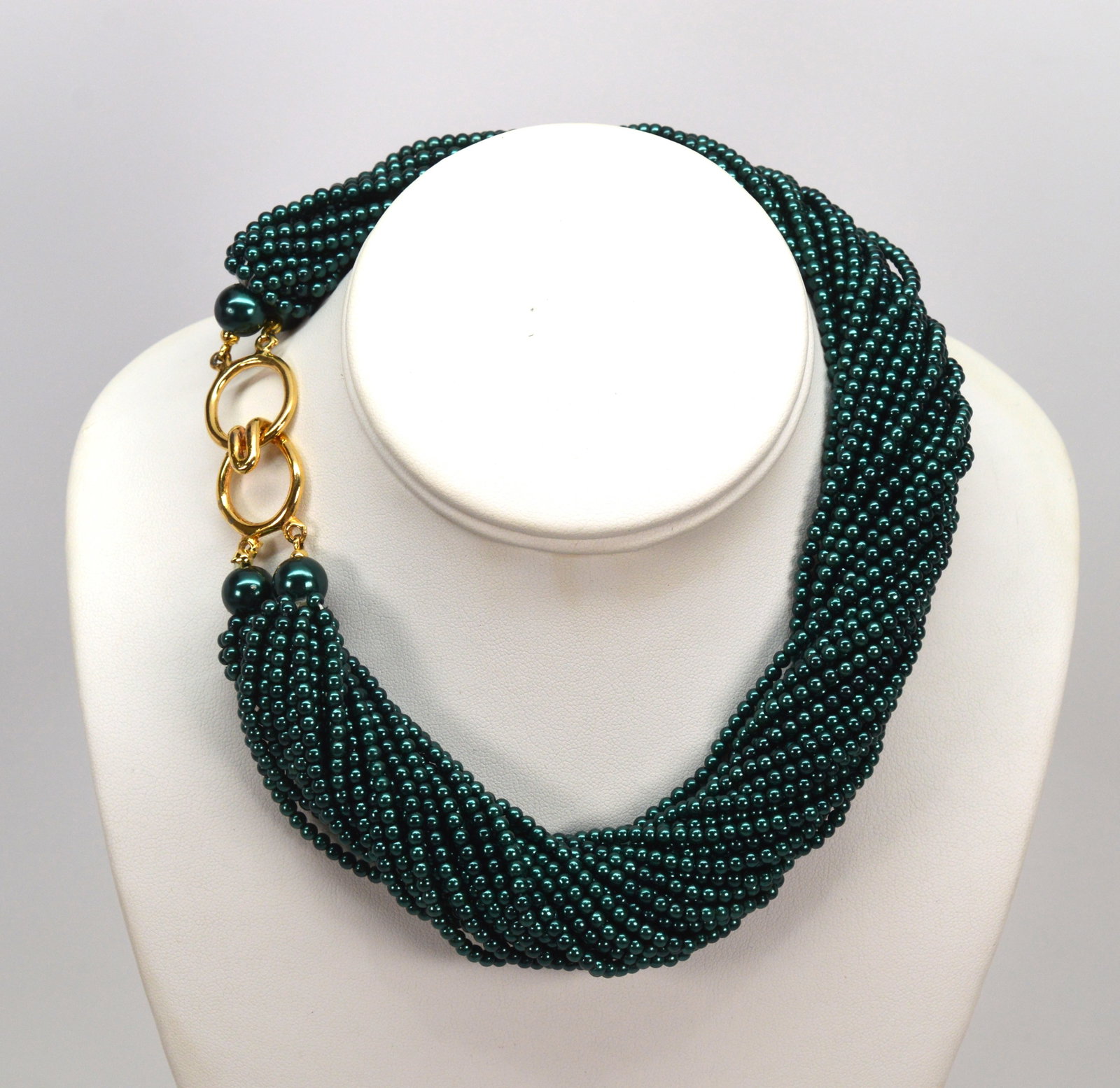 16IN Iridescent Aqua Pearl Choker Necklace: 16 strands of 3mm round iridescent green beads on a choker necklace with gold tone clasp. 16 in LONG. NB BS50