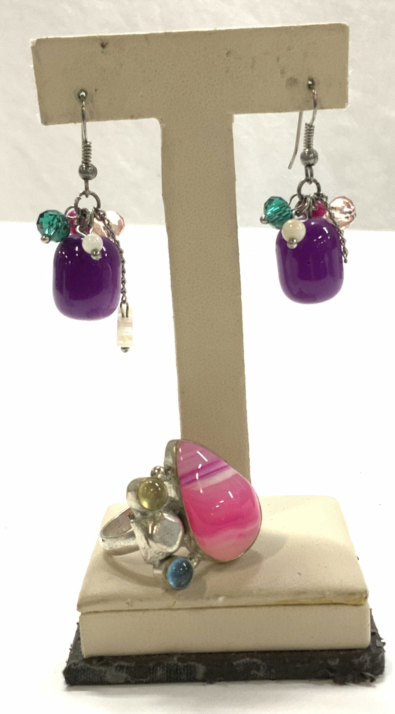 Pair Glass Earrings, Dyed Pink Agate Ring, 3 (1 of 6)