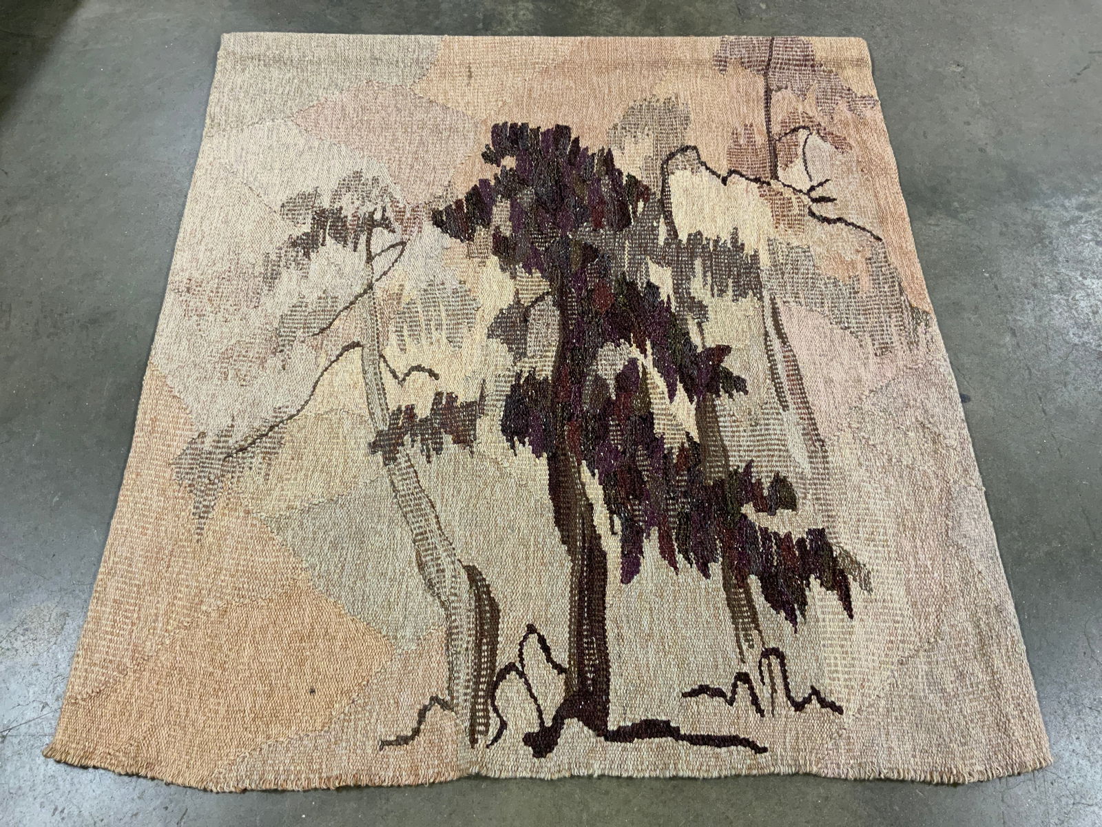 Vntg DCRUZE PINES AT DAWN Wool Tapestry 1983 4.9ft: Signed D CRUZE 83 and reads PINES AT DAWN on backside. Tapestry is vintage and wool. Piece appears to be hand crafted. Tapestry has tree detail. Piece measures approximately 59 inches tall 54 inches w