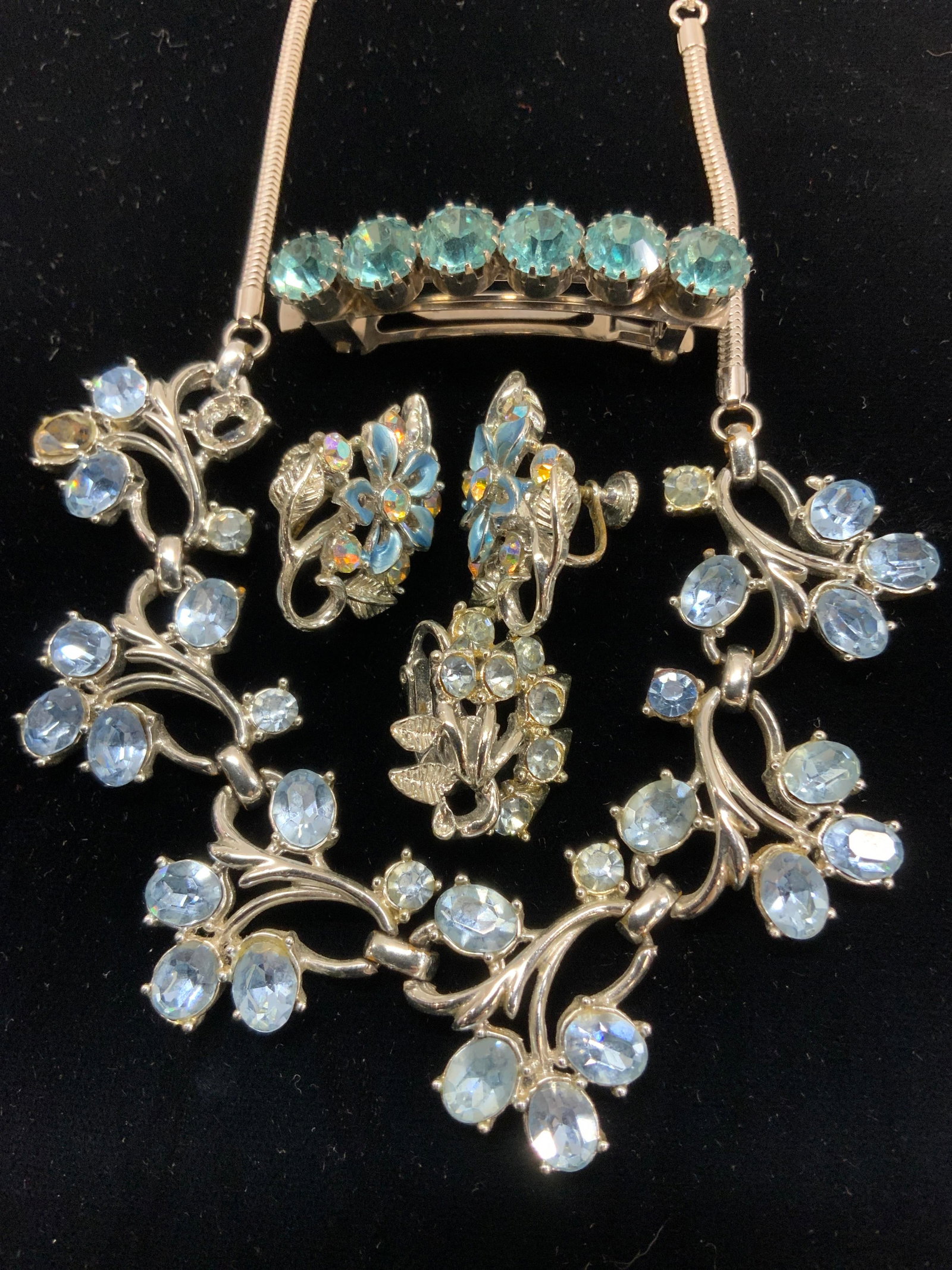 Lot 5 Blue Rhinestone Barrette France, More: Blue rhinestone snap barrette , made in France 8;. Long, 7 mm wide. Blue rhinestone choker necklace , 1 missing stone. Can up cycle rhinestones or links. Drop app 6 in., pair AB crystal and blue ename