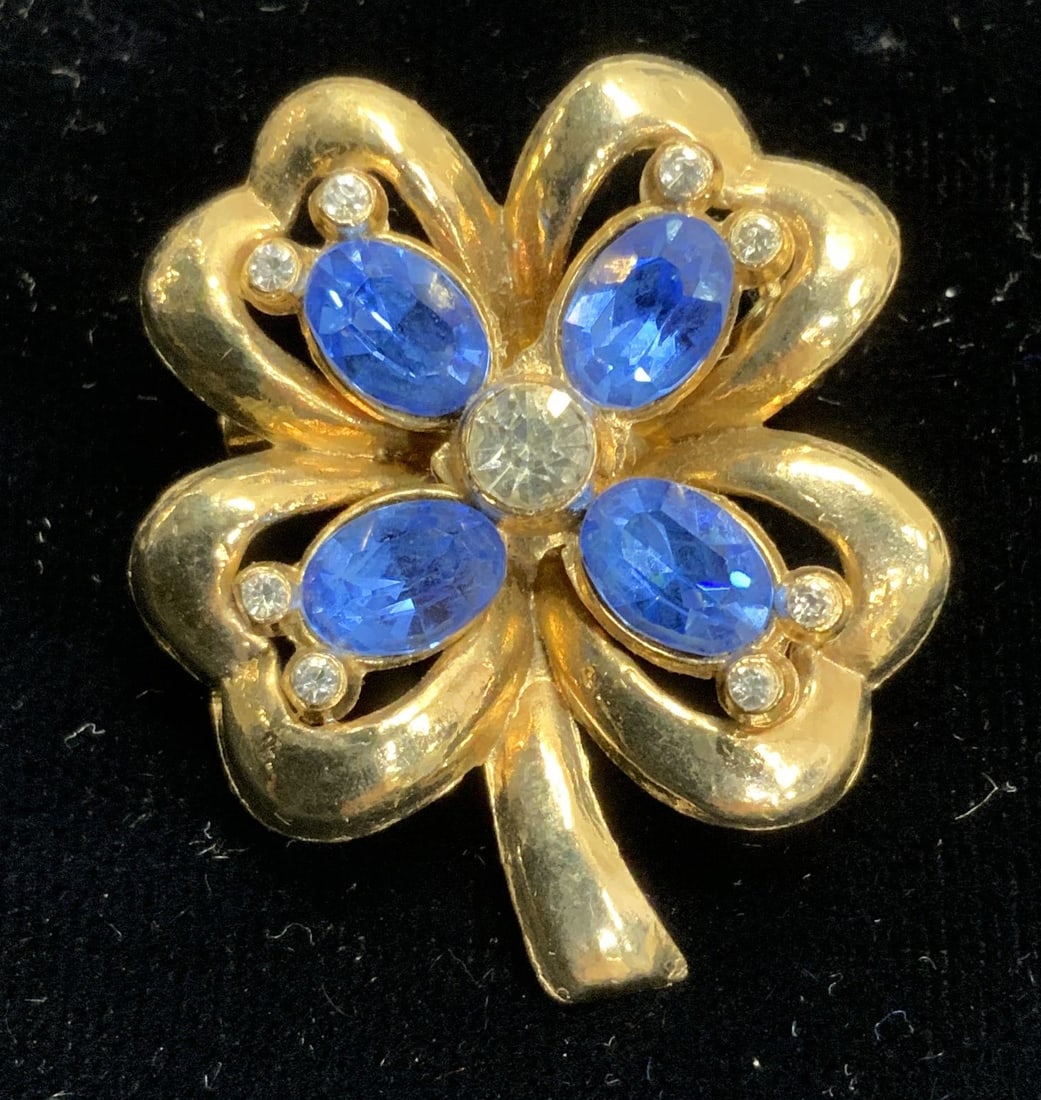 CORO Gold tone & Blue Crystal Shamrock Brooch (1 of 6)