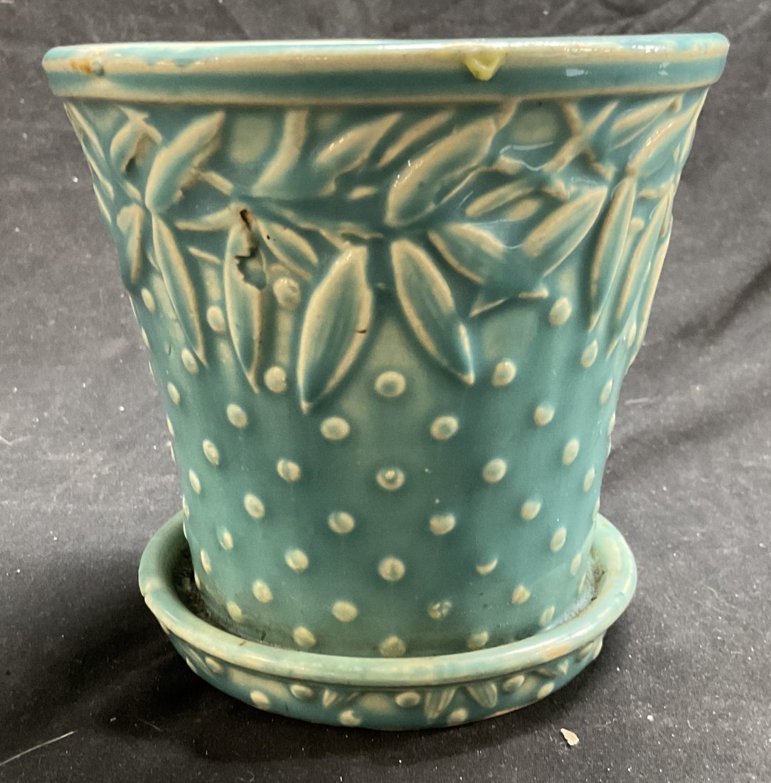 Vintage Nelson McCoy Teal Planter, USA: Vintage Nelson McCoy Teal Planter. Made in USA. Measures approx. 5H x 5W in. Some surface wear consistent with age, use and exposure. Some residue and discoloration present. Property of Manhattan esta