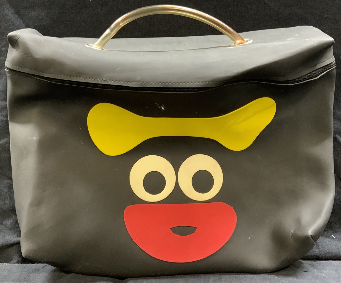 Vintage Campy Bag With Face: Vintage Bag With Face, made of rubber like material, measures 13 inches long x 2 inches wide x 10 1/2 inches tall. Some staining to bag, Bags, vintage bags, funny bags, odd bags, oddity bags, campy ba