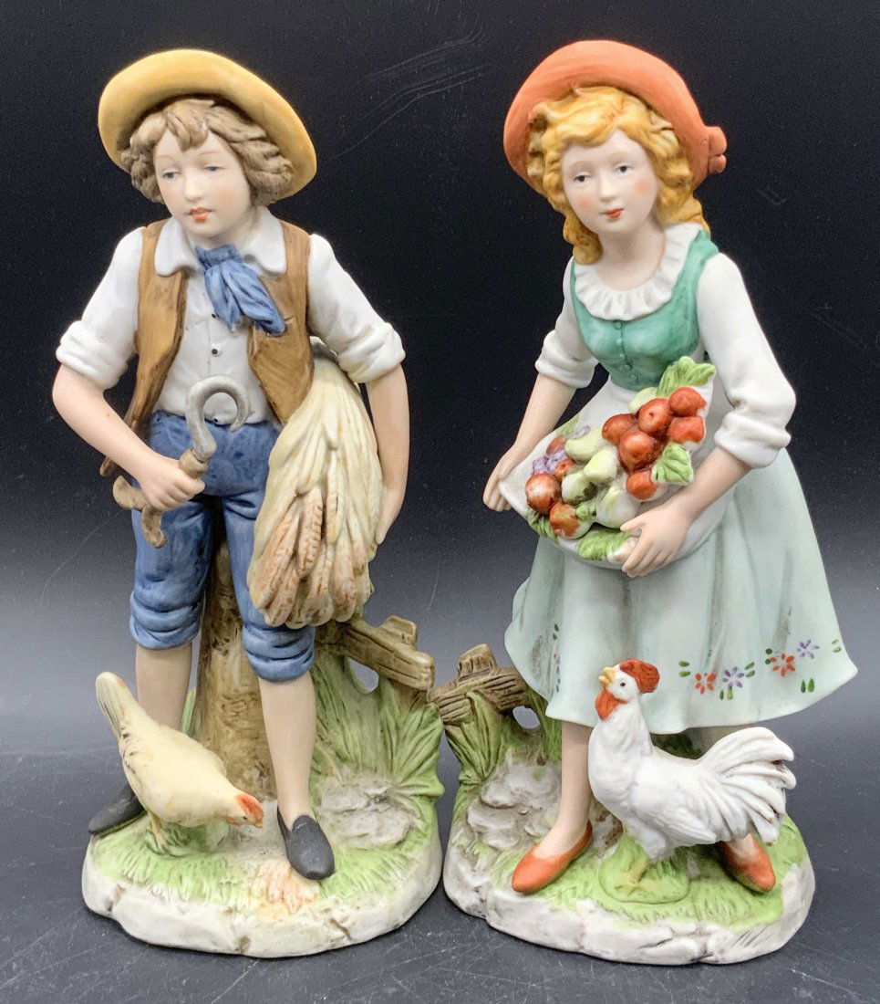 Pair HOMCO Bisque Ceramic Farm Boy & Girl Figurals (1 of 10)