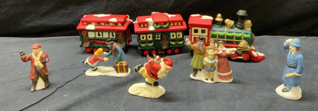 POTTERY BARN Porcelain Christmas Town Figurines: POTTERY BARN Porcelain Christmas Town Figurines, train locomotive measures 5 1/2 inches long x 4 inches tall, 2 inches wide towns people are of smaller size,, Pottery barn, porcelain, pottery barn por