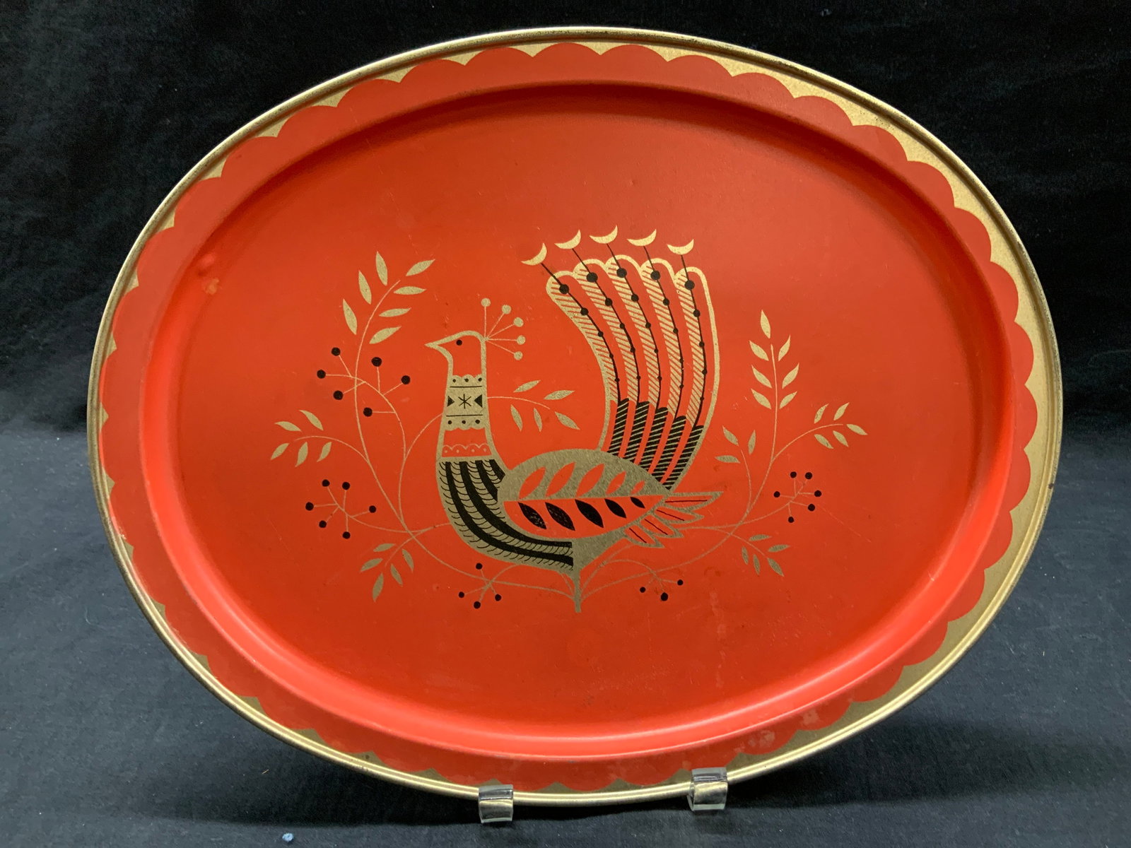 Vtg Peacock Folk Art Toleware Tray 14.25in (1 of 6)
