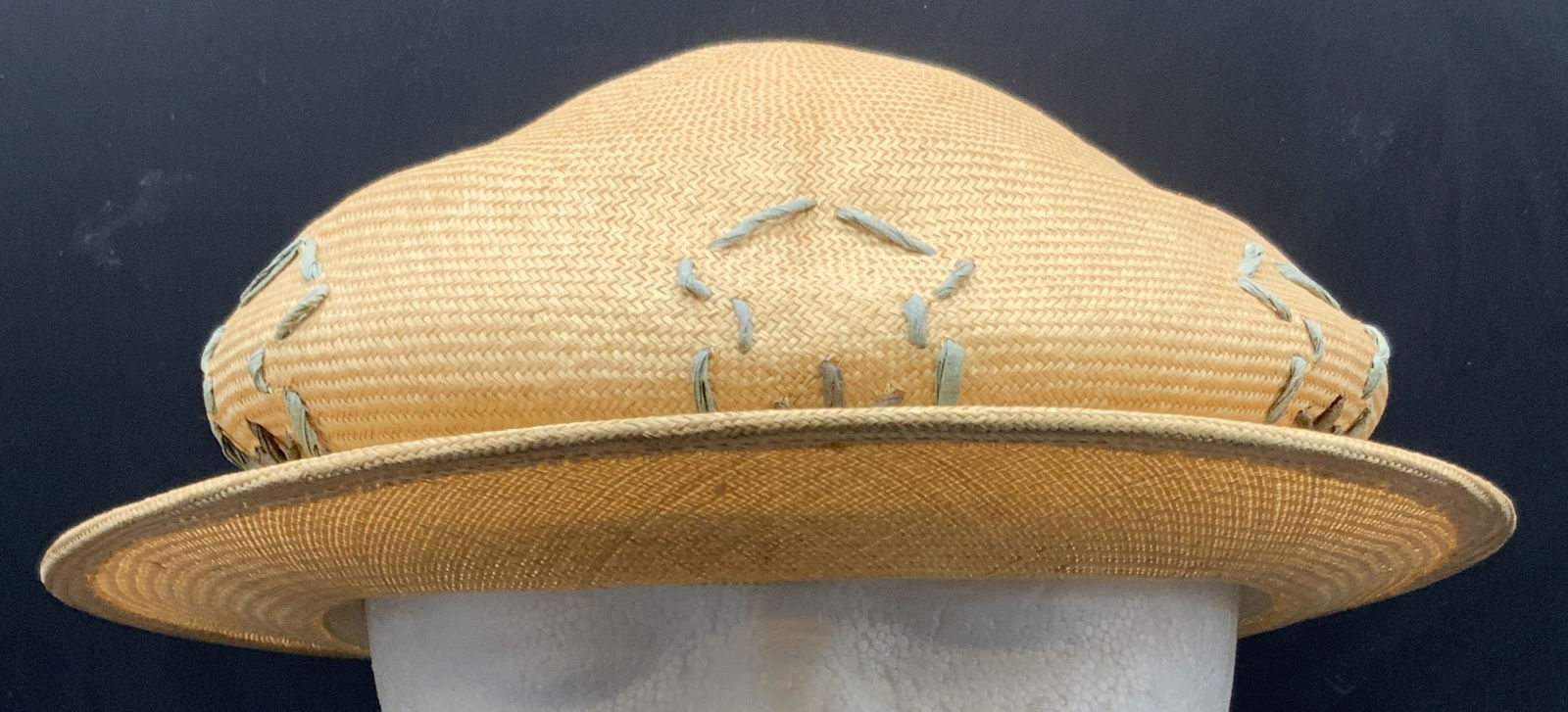 JAMES COVIELLO Vintage Embroidered Woven Hat: A JAMES COVIELLO Vintage Embroidered Woven Hat. Crafted from natural materials. Hat measures approx. 6.25 inches across at underside where ones head would go. Total width measured at underside approx.