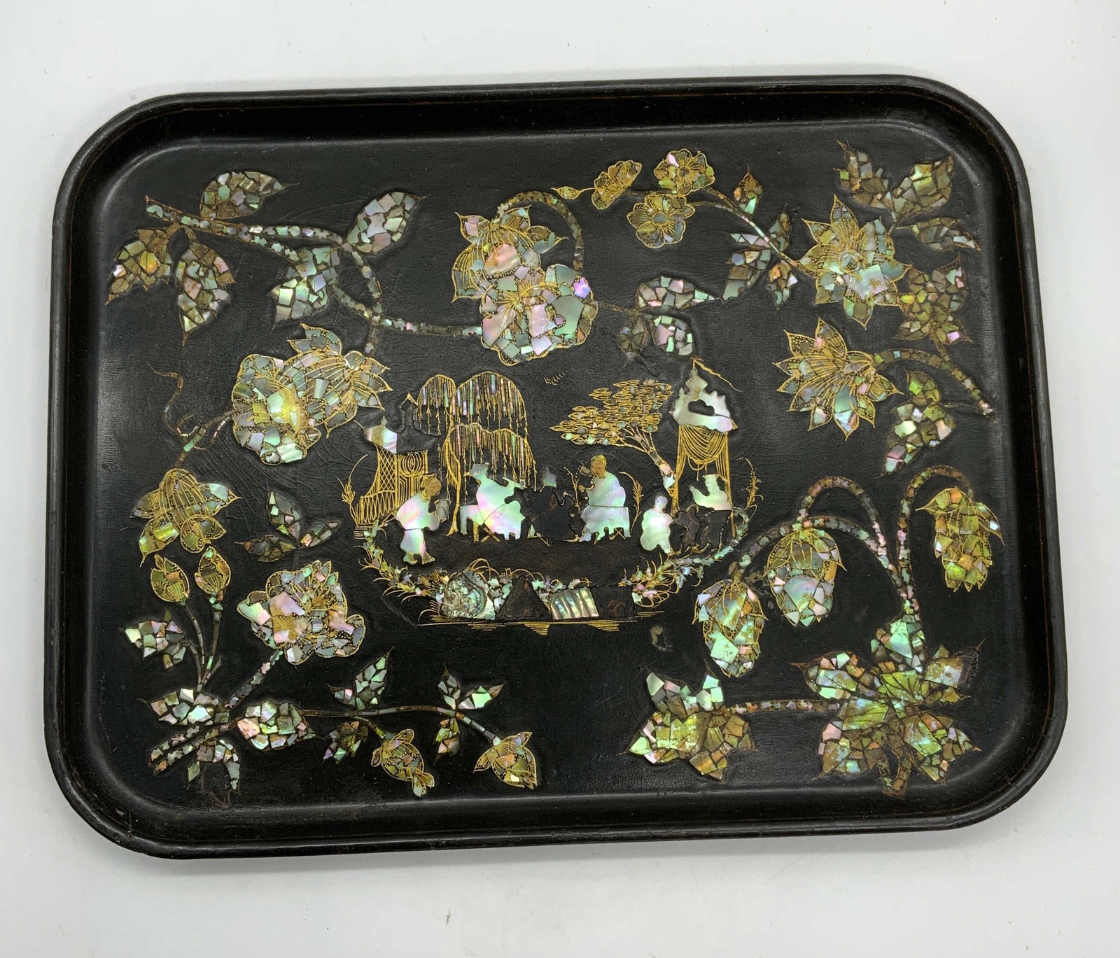 Vintage Asian Lacquered Wood MOP Tray 14.25in (1 of 6)