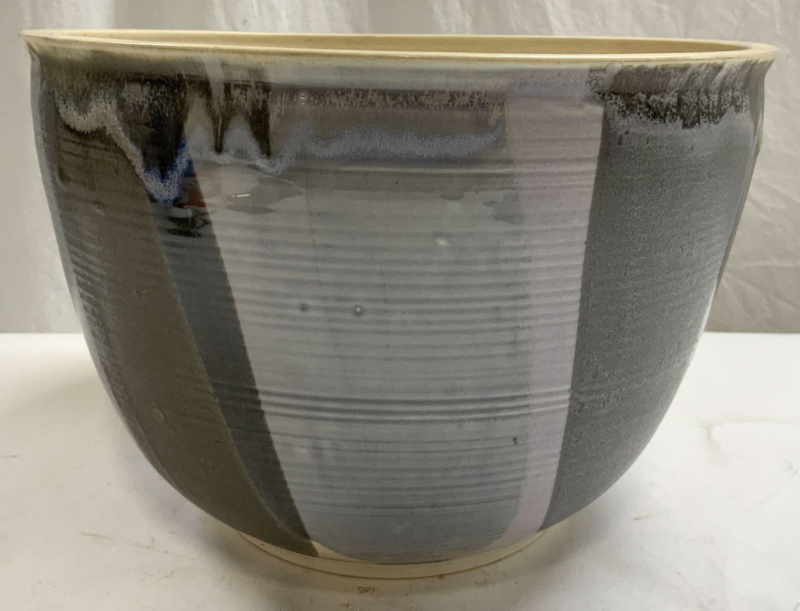 Signed Vtg Glazed Exterior Ceramic Planter Vessel (1 of 7)