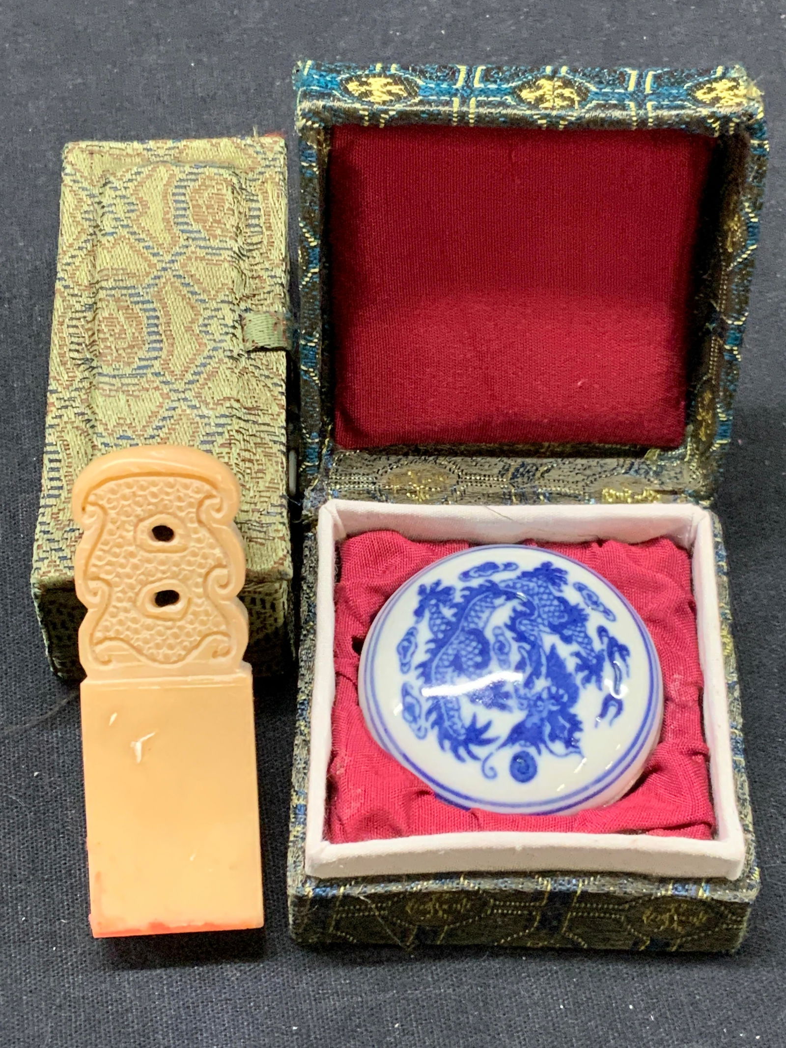 Carved Stone Asian Stamp & Ink W Cases (1 of 9)