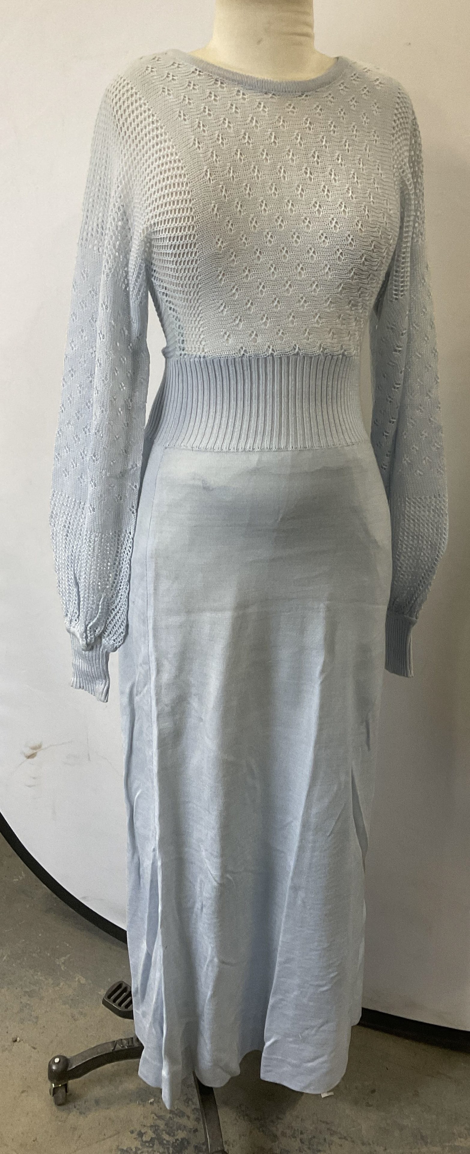 Ladies Ankle Length Baby Blue Cable Knit Dress.: Ladies Ankle Length, long-sleeved Baby Blue Cable Knit Dress with lined skirt.. Size 6. Made in Hong Kong. Some surface wear consistent with age, and use. Some residue present. Ladies wear, ladies fas