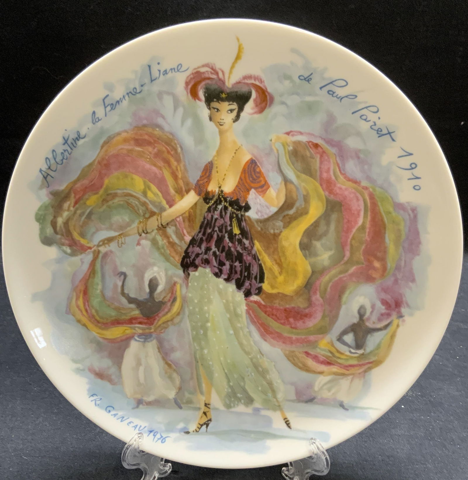 Lm Ed D ARCEAU Limoges Porcelain Femmes Plate 1976: Limited edition DARCEAU Limoges porcelain plate. Les Femmes Du Siecle 1910 series. Issued 1976. Albertine, the Sinuous Woman of Paul Poiret. Hand painted decoration featuring fashionably dressed woman