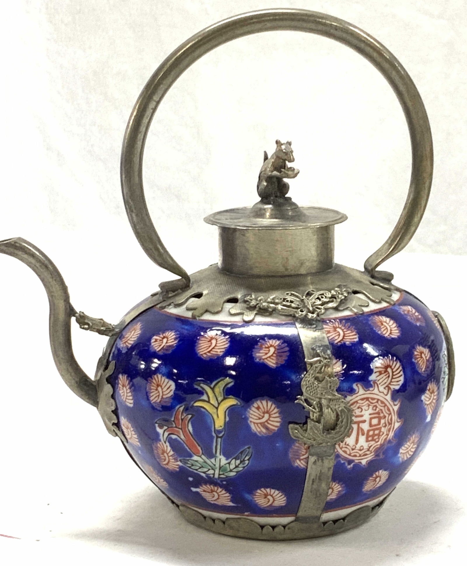 Cobalt Blue Asian Porcelain Teapot w Tibetan Metal (1 of 7)