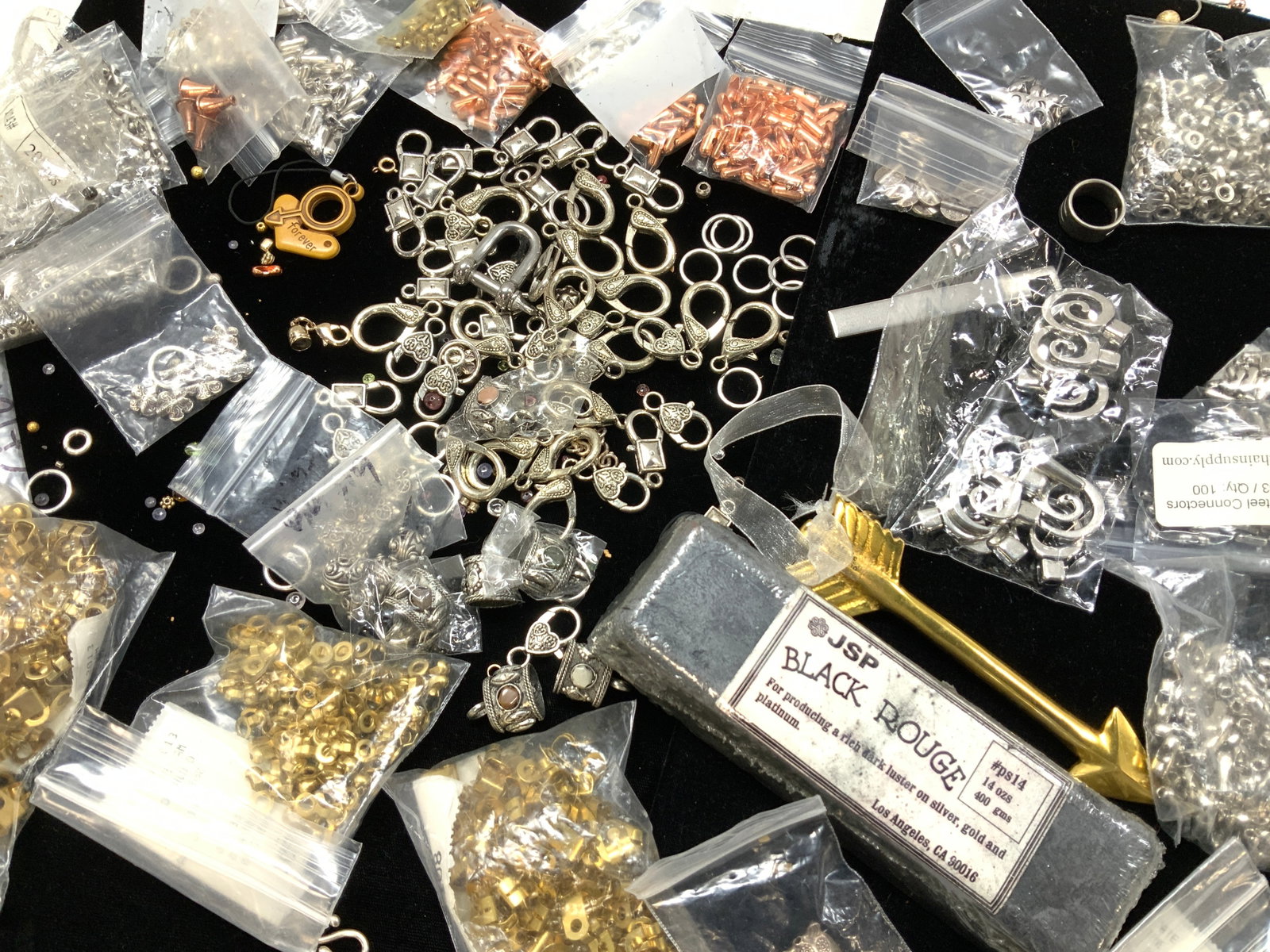 Jewelry Makers Lot NIP Sterling Beads, Clasps, Gem: New in packages jewelry making accessories. Large silver tone lobster clasps with heart motif 1 in and 1.25 in. A few hallmarked 925 lobster clasps with short chains, marked .925 and Italy. Some attac