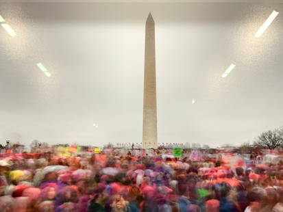 Matthew Pillsbury Womens March Photograph: Marked on verso with tag from Benrubi Gallery. Artist Matthew Pillsbury, womens March January 21st 2017. 16 x 20 inch archival pigment print. Signed titled, dated and numbered on label adhered to vers