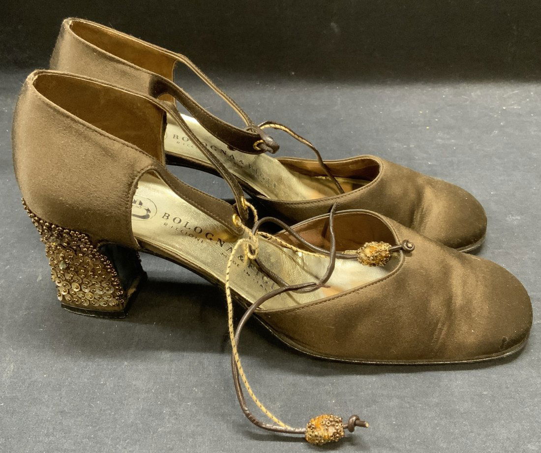 Bologna & Figli Brown Satin Beaded Heels, Italy: Bologna and Figli brown satin heels with beaded decoration. Size 39.5. Made in Italy. Some wear to material and loss to beading observed. Bologna and Figli, Bologna and Figli heels, ladies designer he