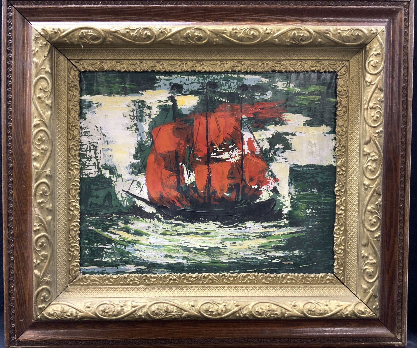 Sgd Vntg Impressionist Style Ship Oil Painting: Signed on lower left corner, illegibly, possibly marked 59 Depicts a ship on the ocean with red sails and a green toned ocean in painterly brush strokes. Framed in an ornately carved dark wooden frame