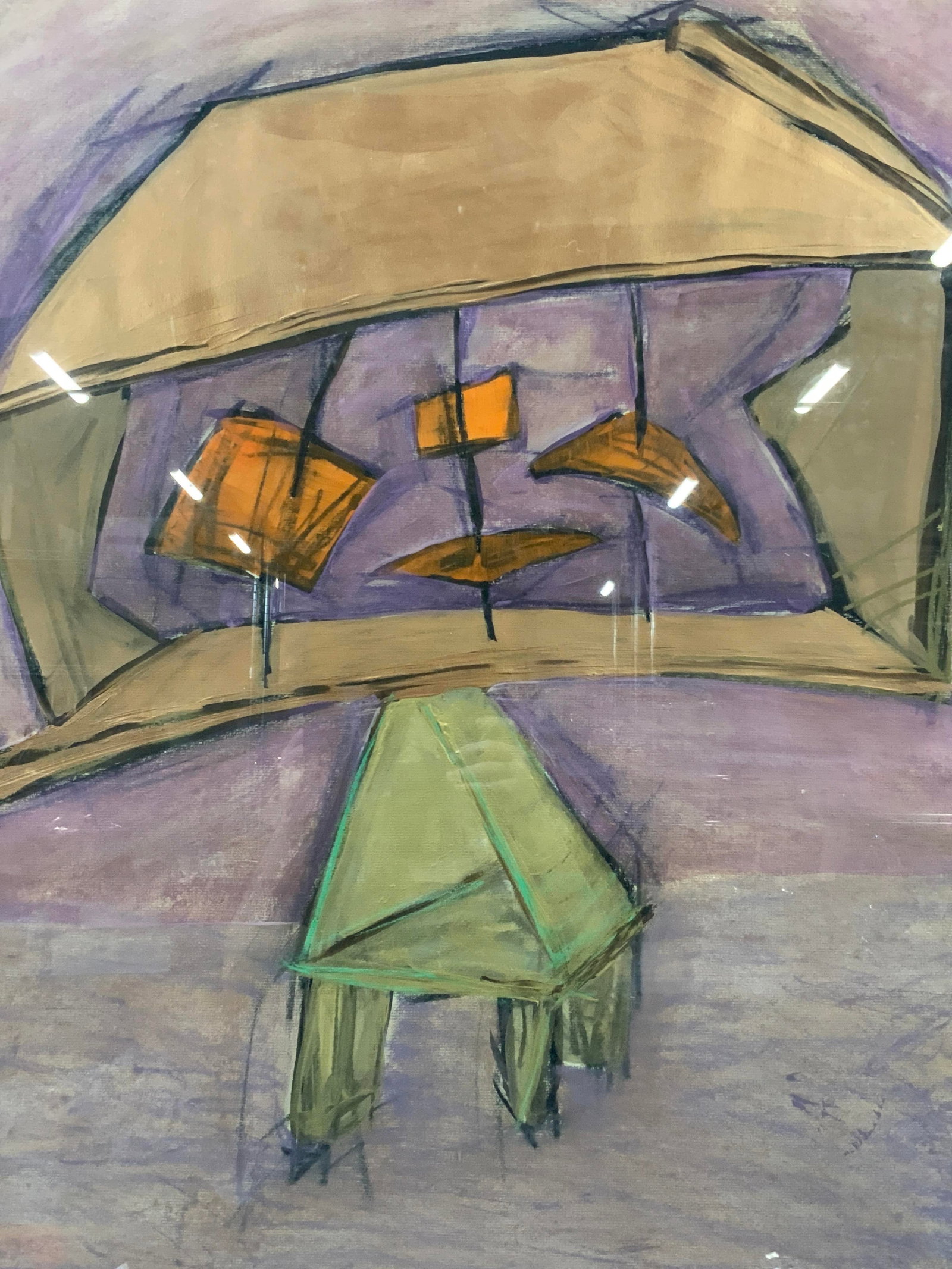 Becky Wagner 1988 Sgd Abstract Mixed Media 43in: Signed on lower right corner, possibly reads Becky Wagner, 1988 Depicts an abstract see through house balanced on a triangular Base. Mounted within an orange toned wooden frame with green backboard. A