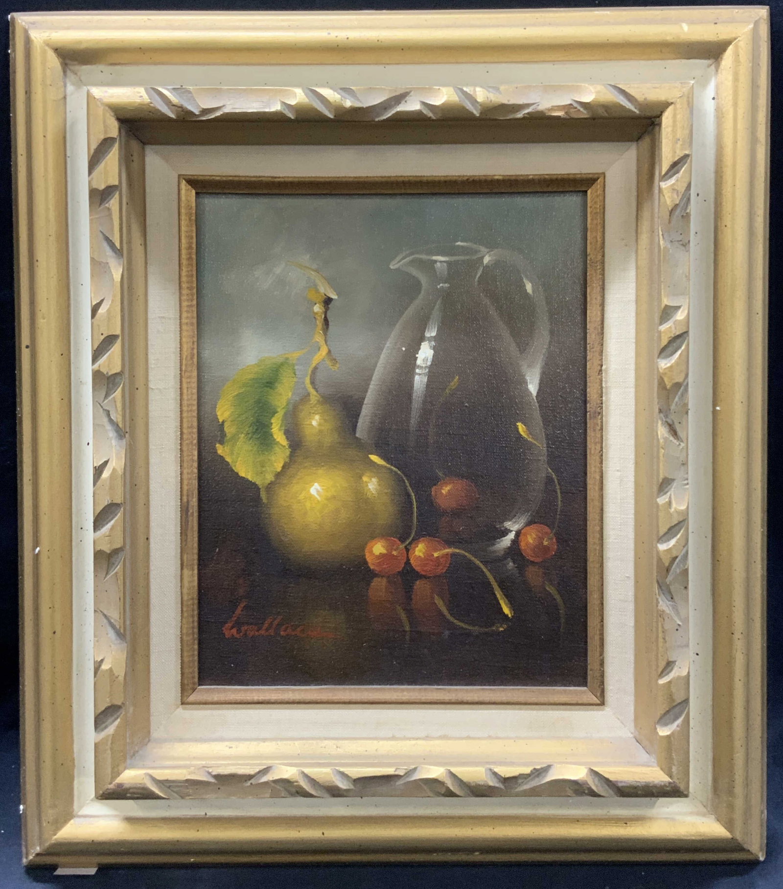 Wallace Signed Still Life Oil Painting 17in: Signed on lower left in red, Wallace Depicts a still life with a green pear, clear glass pitcher and cherries. Framed in a gold leafed and painted carved wooden frame. Approx 17 x 14.7 inches window m