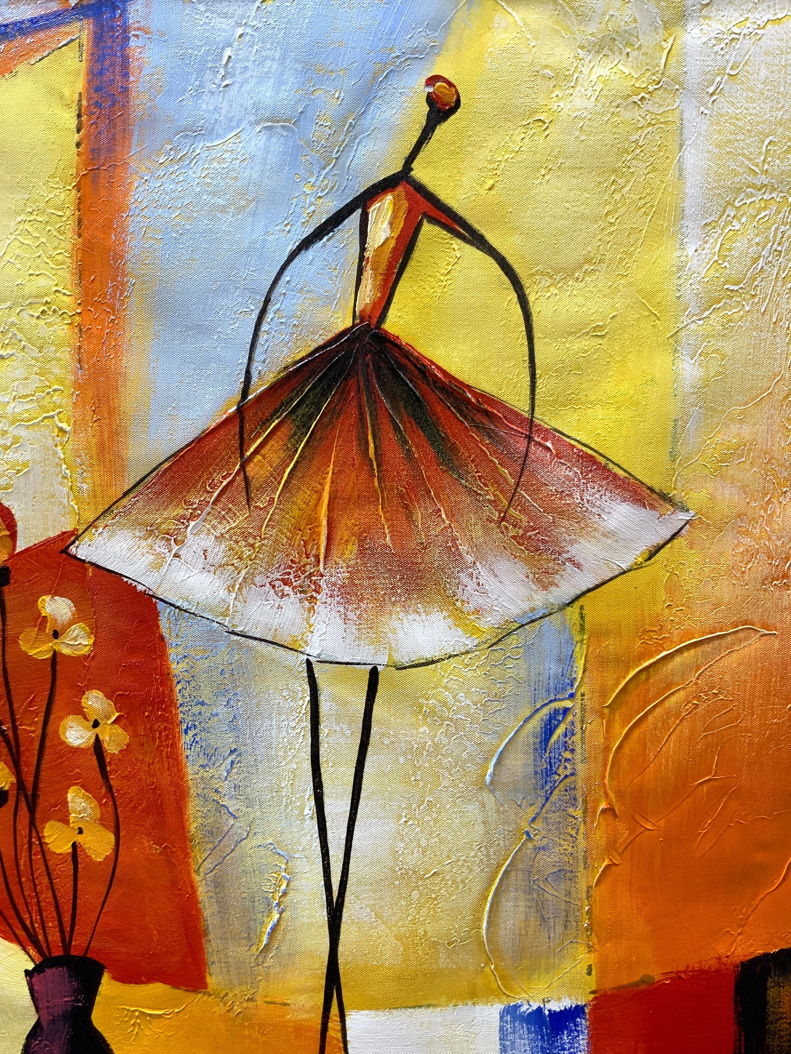 Weico Ballet Dancer Acrylic Painting 27in: Weico acrylic painting of a ballerina in a wide skirt with color blocking in background. Framed in black wooden frame. Approx 27 x 23 inches window measures 23 x 19 inches. Moderate wearing to frame a