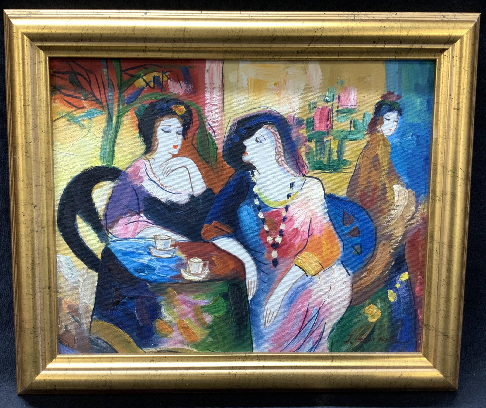 J.Garrah Sgd Oil Painting In Style of Tarkay: Signed on lower right corner J.Garrah Depicts two woman talking in a cafe with another woman in the background. Framed in a gold leafed wooden frame. Approx 10 x 12 inches, window measures,7.5 x 9.5 i