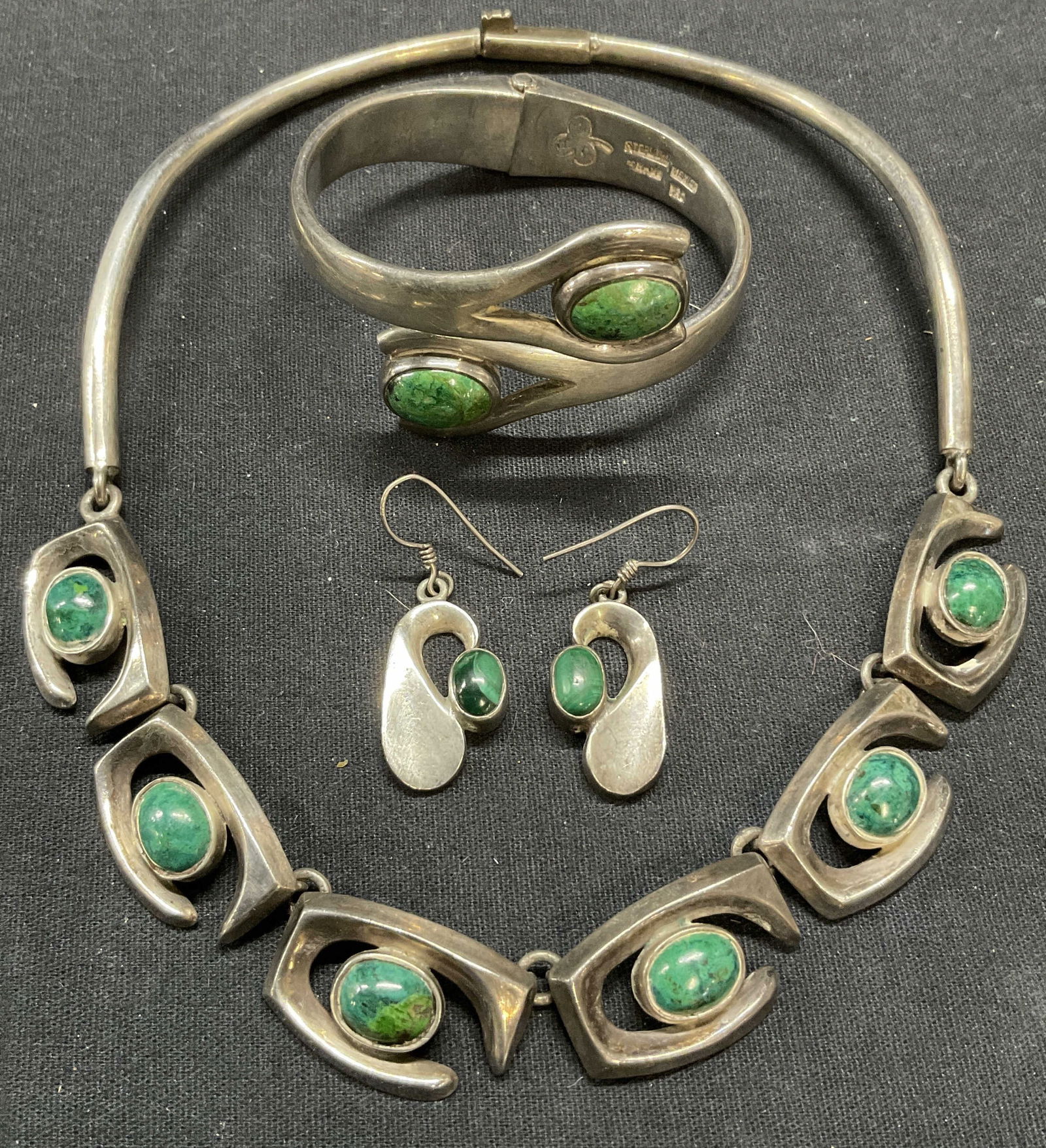 Signed Sterling Silver Green Gem Jewelry, Mexico (1 of 10)