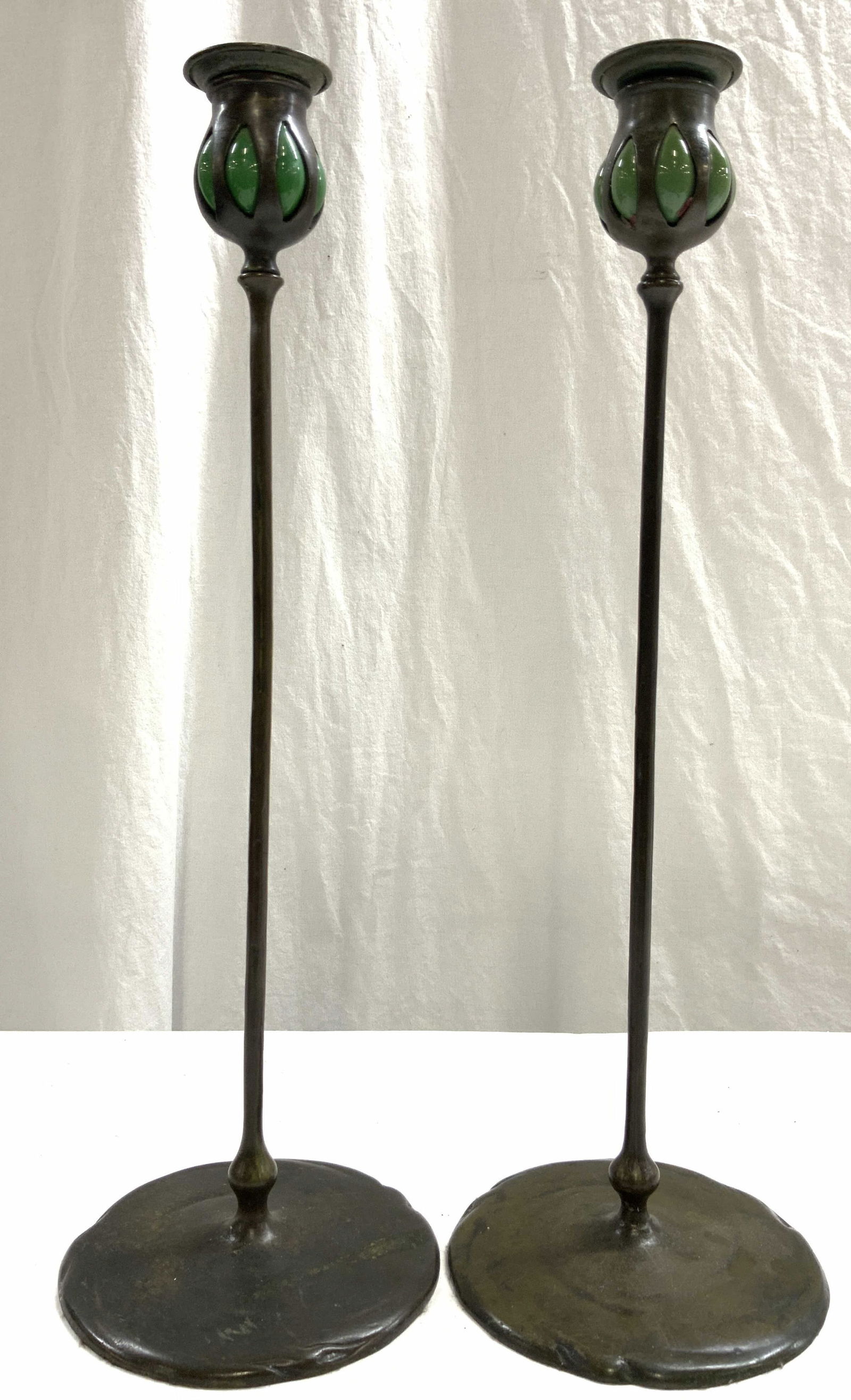 TIFFANY STUDIOS Pr Bronze Candlesticks 17in (1 of 6)