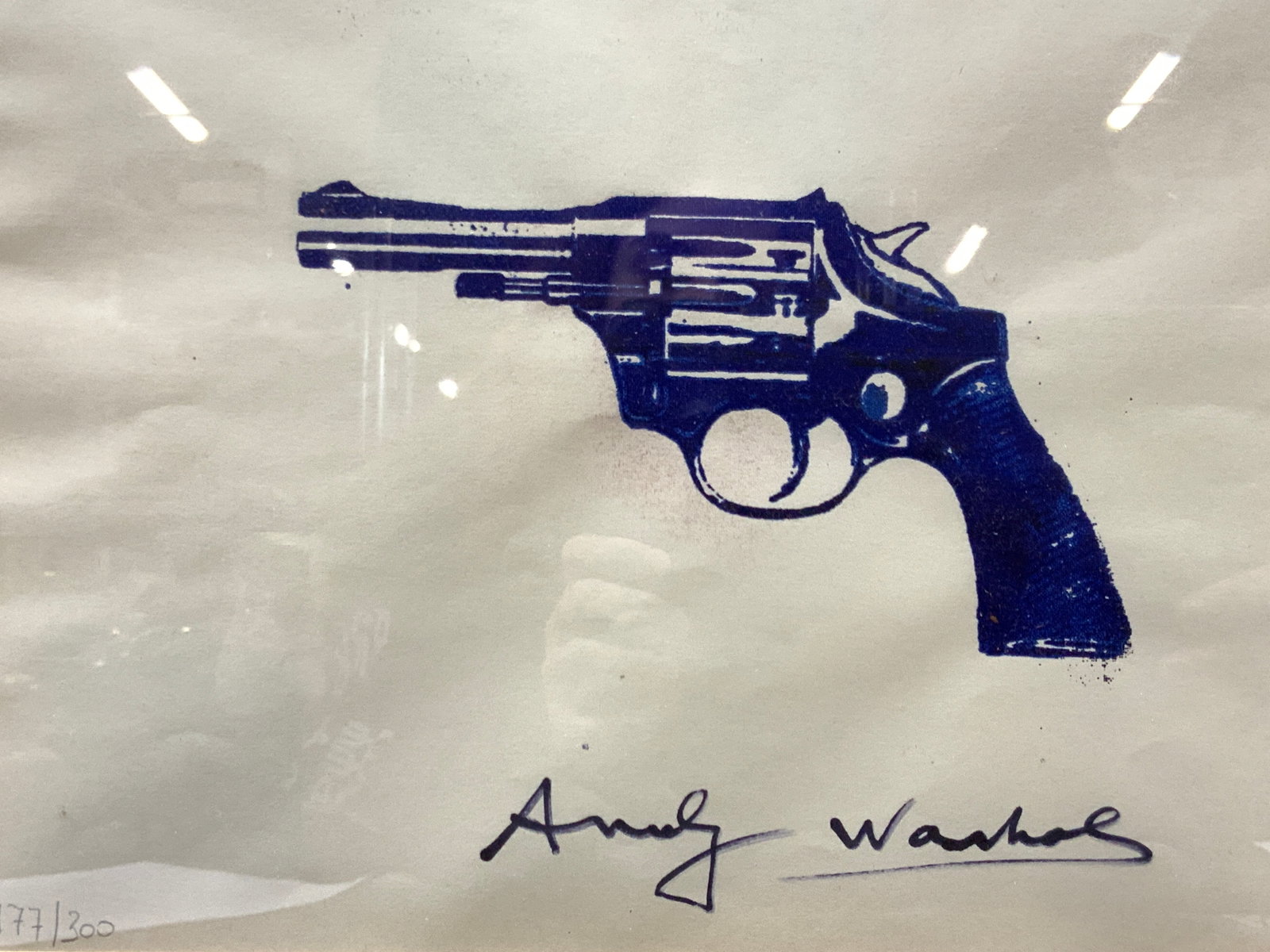 ATTR WARHOL SGD & Stamped Blue Gun Lithograph: Signed in lower right corner Andy Warhol,177/300, marked on verso with stamps marked AW, another Warhol signature and a 13 Giu 1978 and other gallery stamps Subject depicts a blue revolver in the cent
