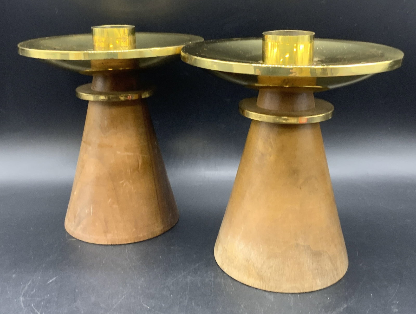 Pair 1960s Swiss MCM Brass & Wood Candlesticks (1 of 11)