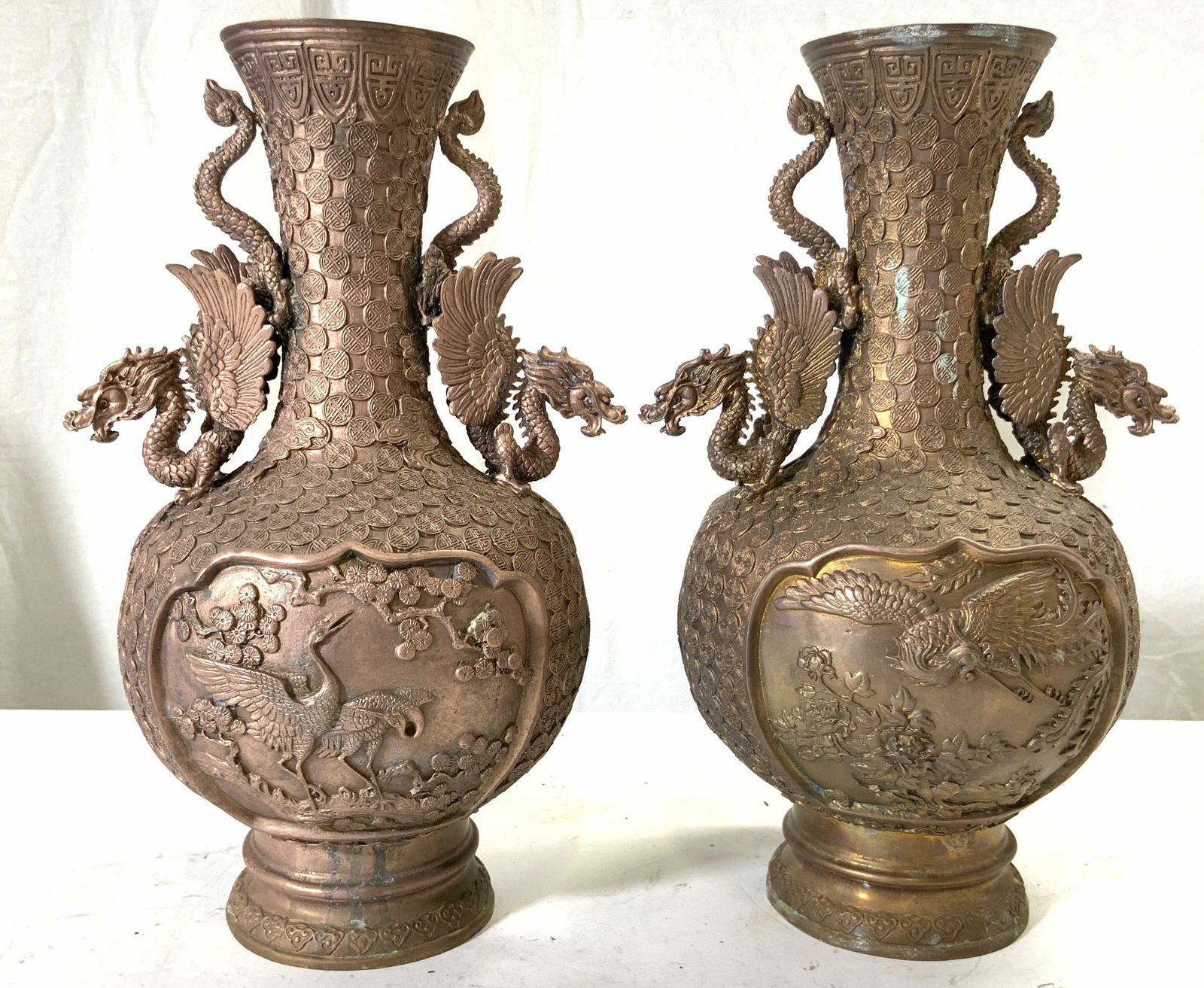 Pr Vintage Asian Brass Dragon Vases Vessels (1 of 9)