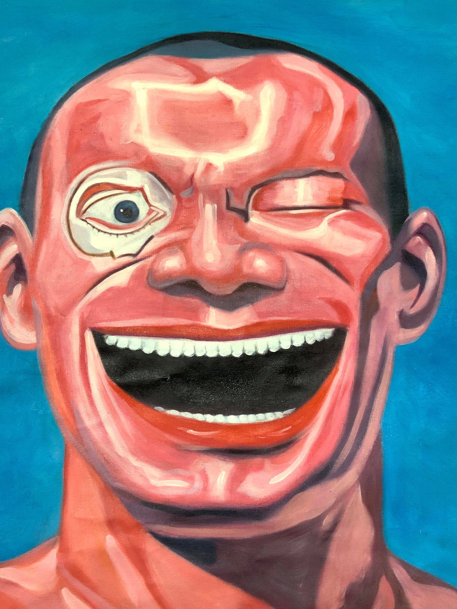 ATTR YUE MINJUN Untitled Self Portrait Painting: Smiling self portrait by YUE MINJUN oil painting Depicting the self portrait of the artist in pink, with one eye closed and the other surrounded by white, on a background of blue. No frame. Painting o
