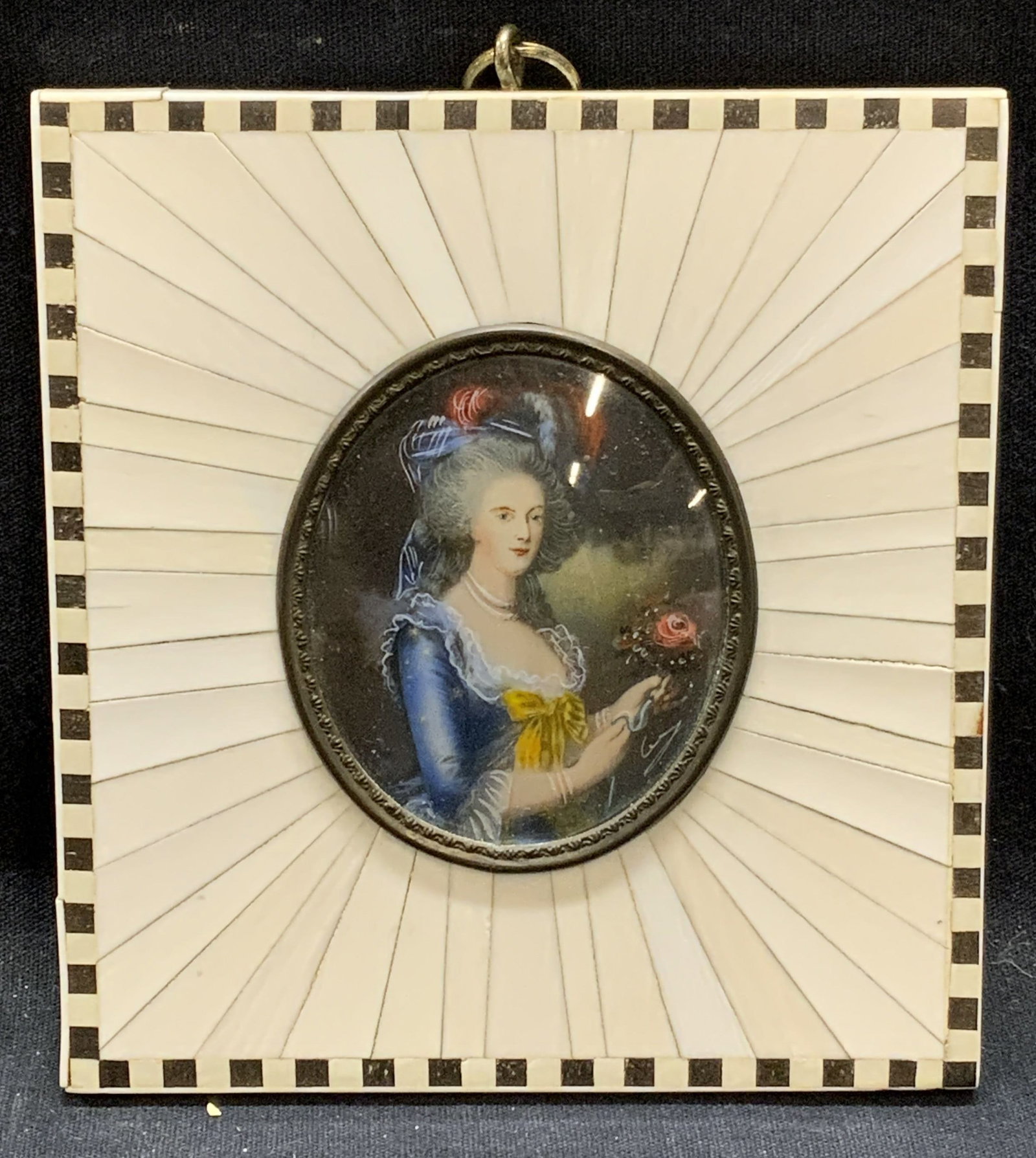 Antique Marie Antoinette Portrait, Bone Frame: Antique Victorian hand painted portrait of Marie Antoinette. Subject depicts Marie Antoinette in blue dress with yellow bow holding a flower. Signed by artist to lower right, illegible. Not examined o