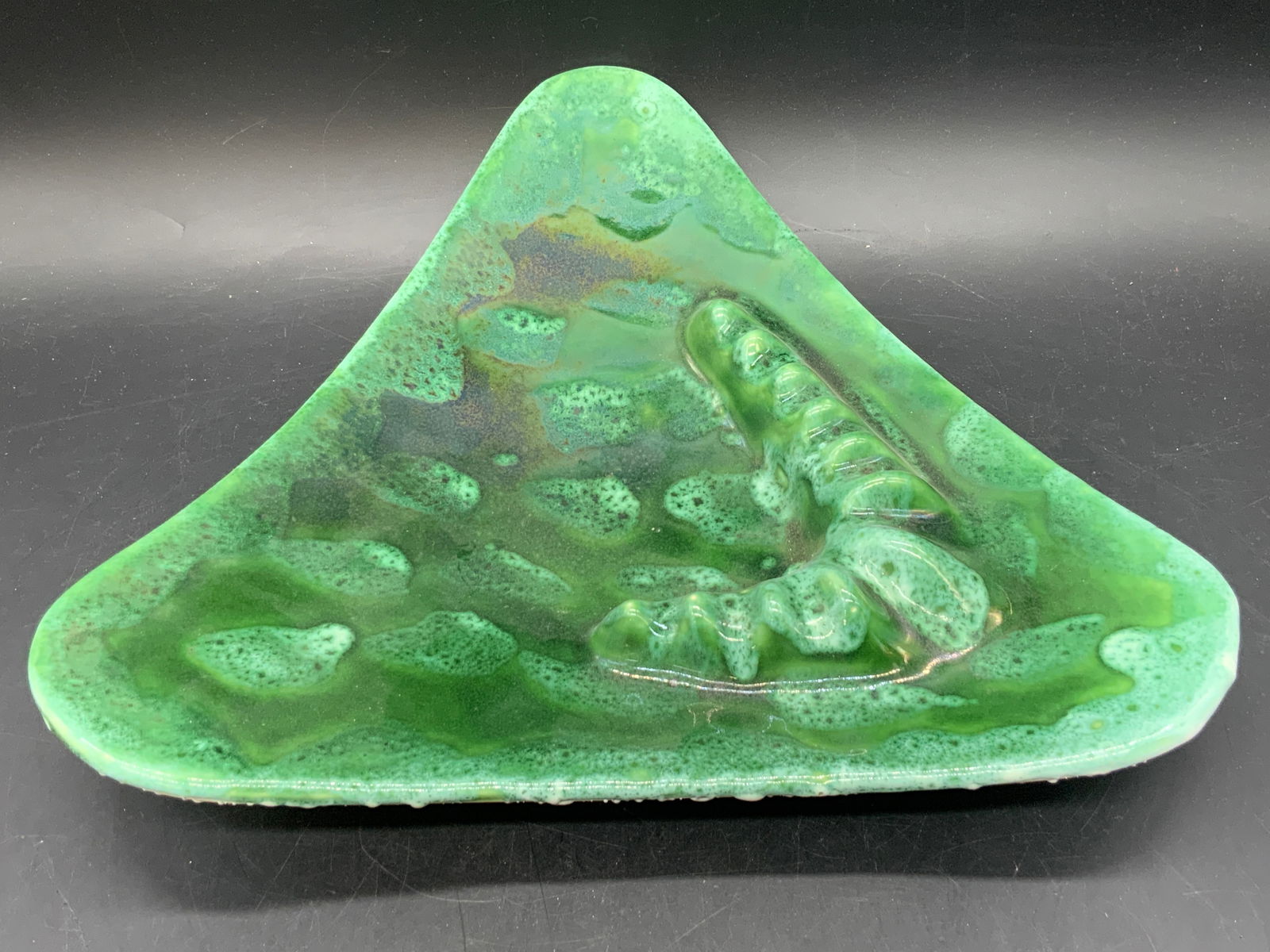 Signed MCM Vntg Green Glaze Pottery Trinket Dish (1 of 15)