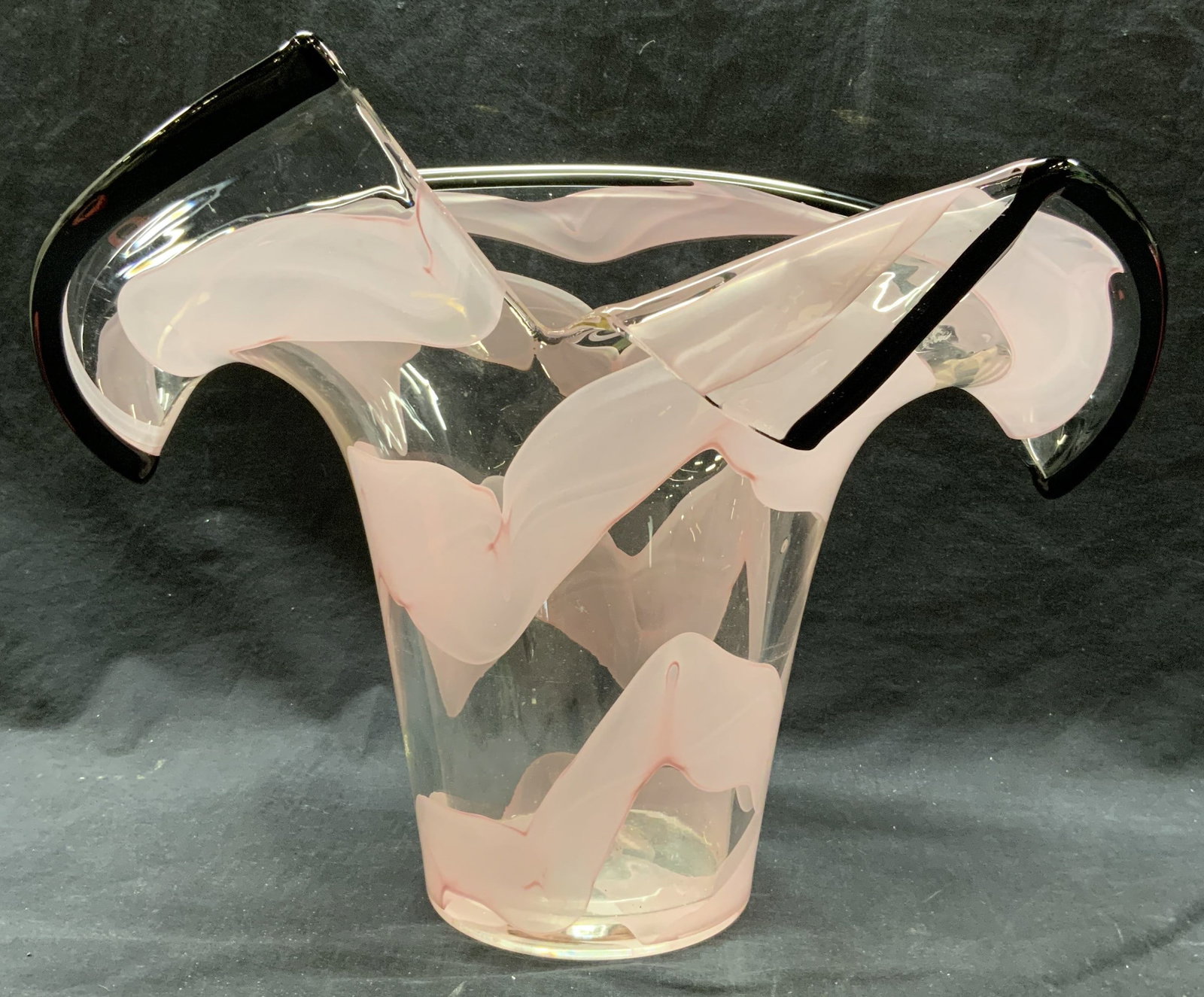 FRANZ WELZ Hand Blown Czech Art Glass Vase 17inW: Vase appears to be FRANZ WELZ (no apparent markings). Vase appears to be hand blown due to pontil on underside. Piece has tones of pink with black toned rim which furls outwards & folds into itself. M
