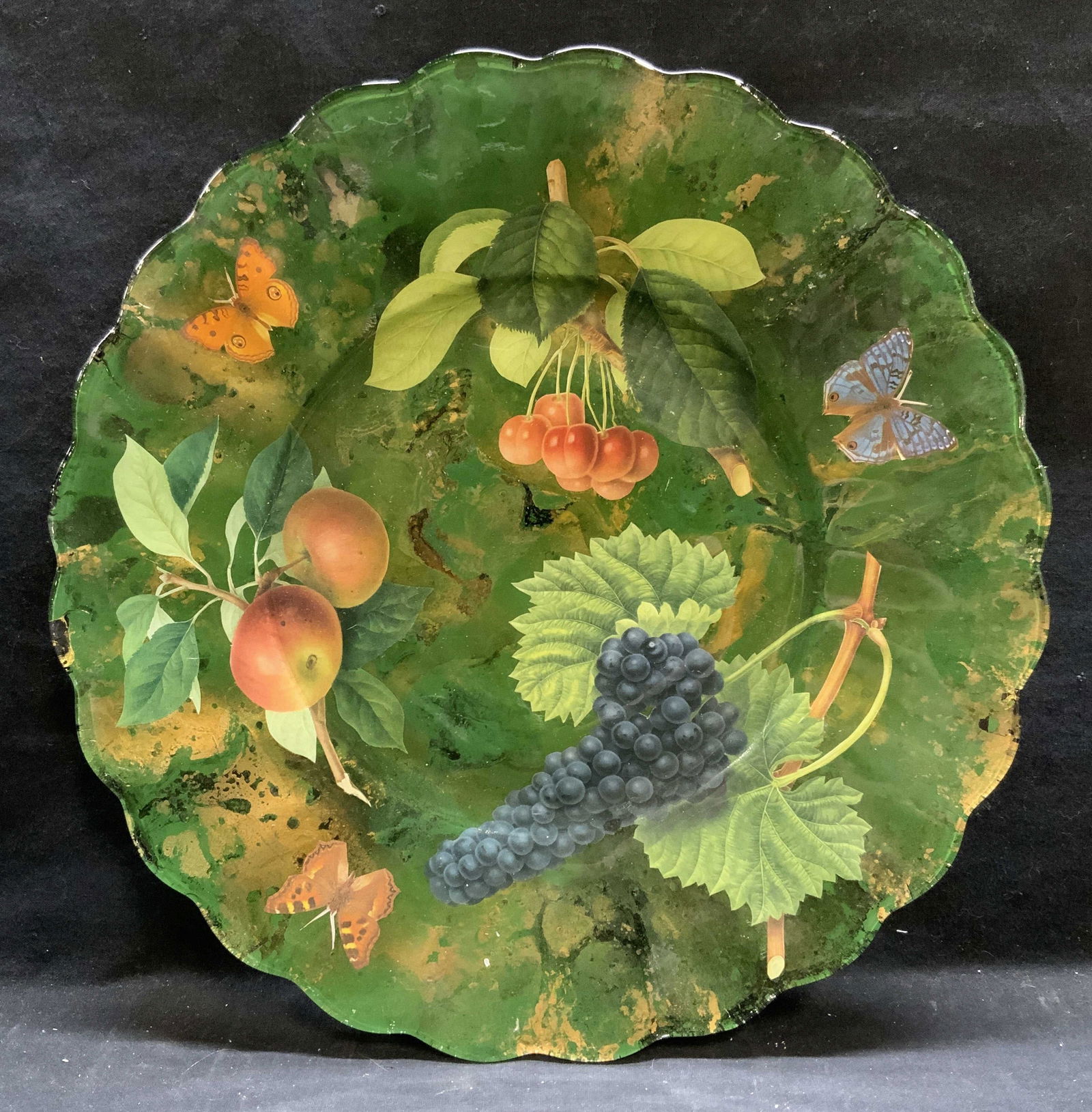 Signed Decoupage Glass Fruit Platter, 14in (1 of 6)