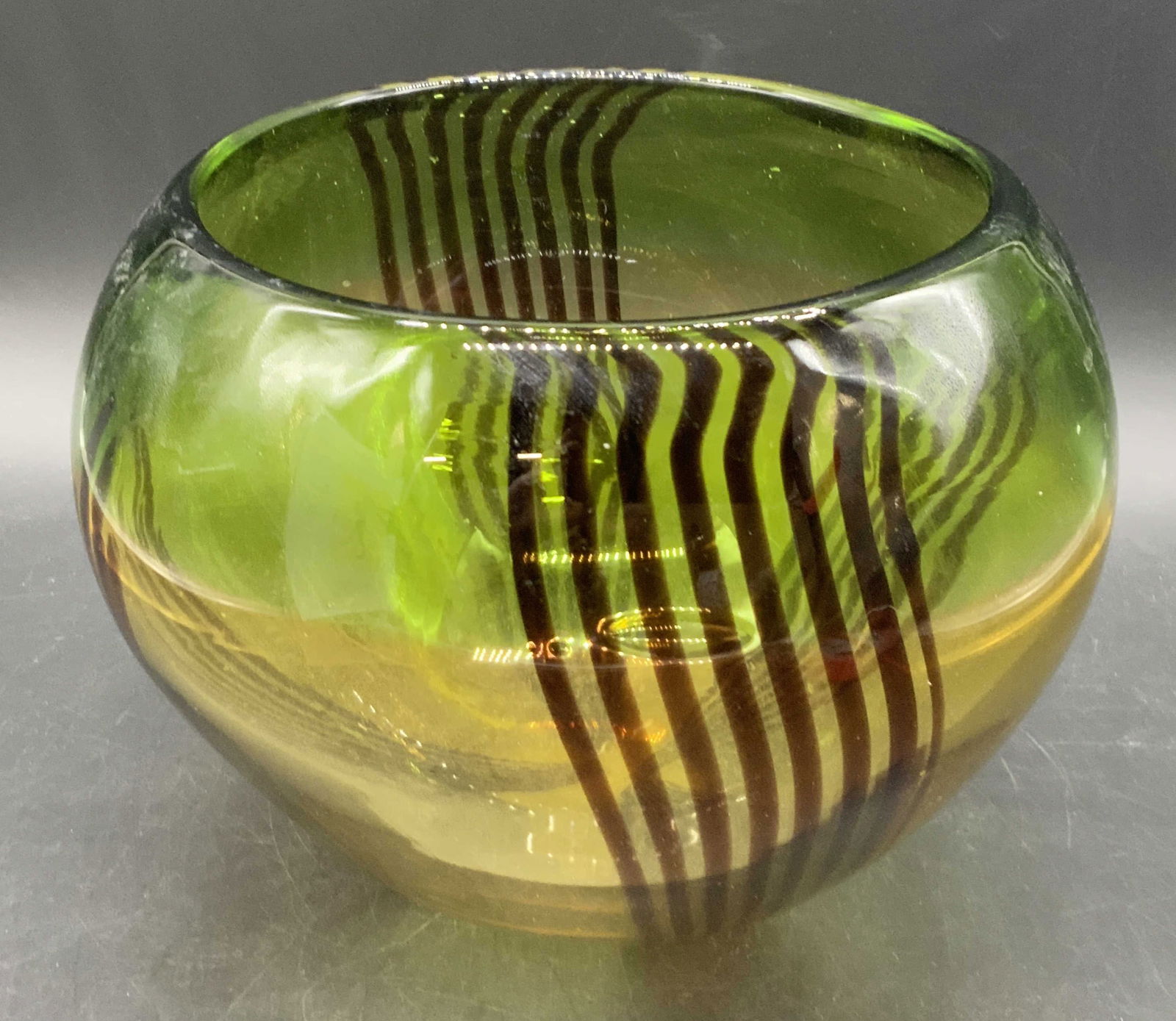 Round Green & Amber Striped Art Glass Vase (1 of 13)