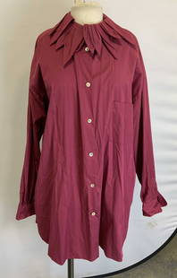 Romeo Gigli Flower Collar Shirt Dress, Italy: Romeo Gigli burgundy flower collar shirt dress. Button front closure. Pleated flower petal collar. Front pocket. Size 44. Made in Italy. Cotton and polyamide blend. Gently worn. Property of Manhattan