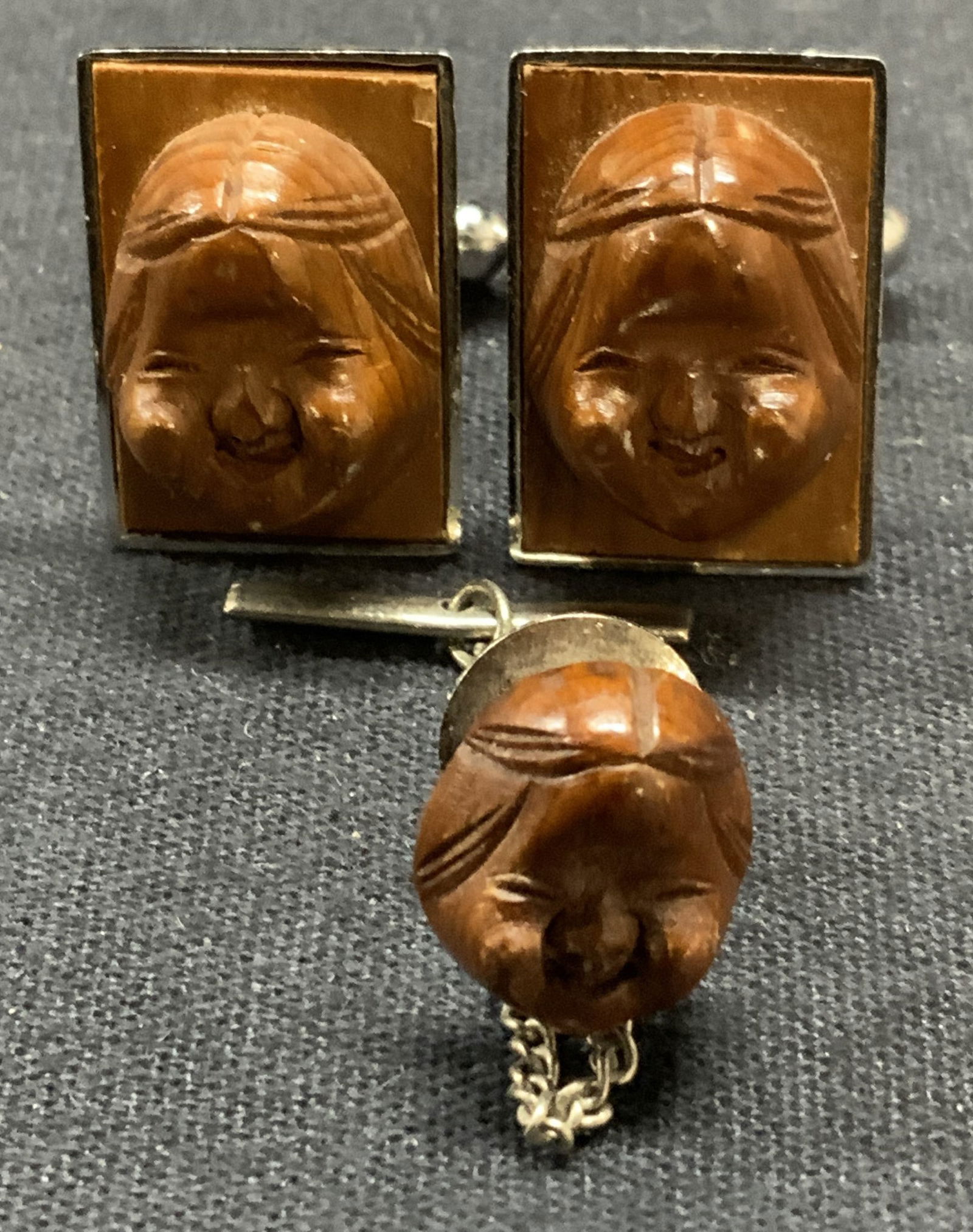 2 Wood & Silver Buddha Cuff Links & Tie Pin (1 of 6)