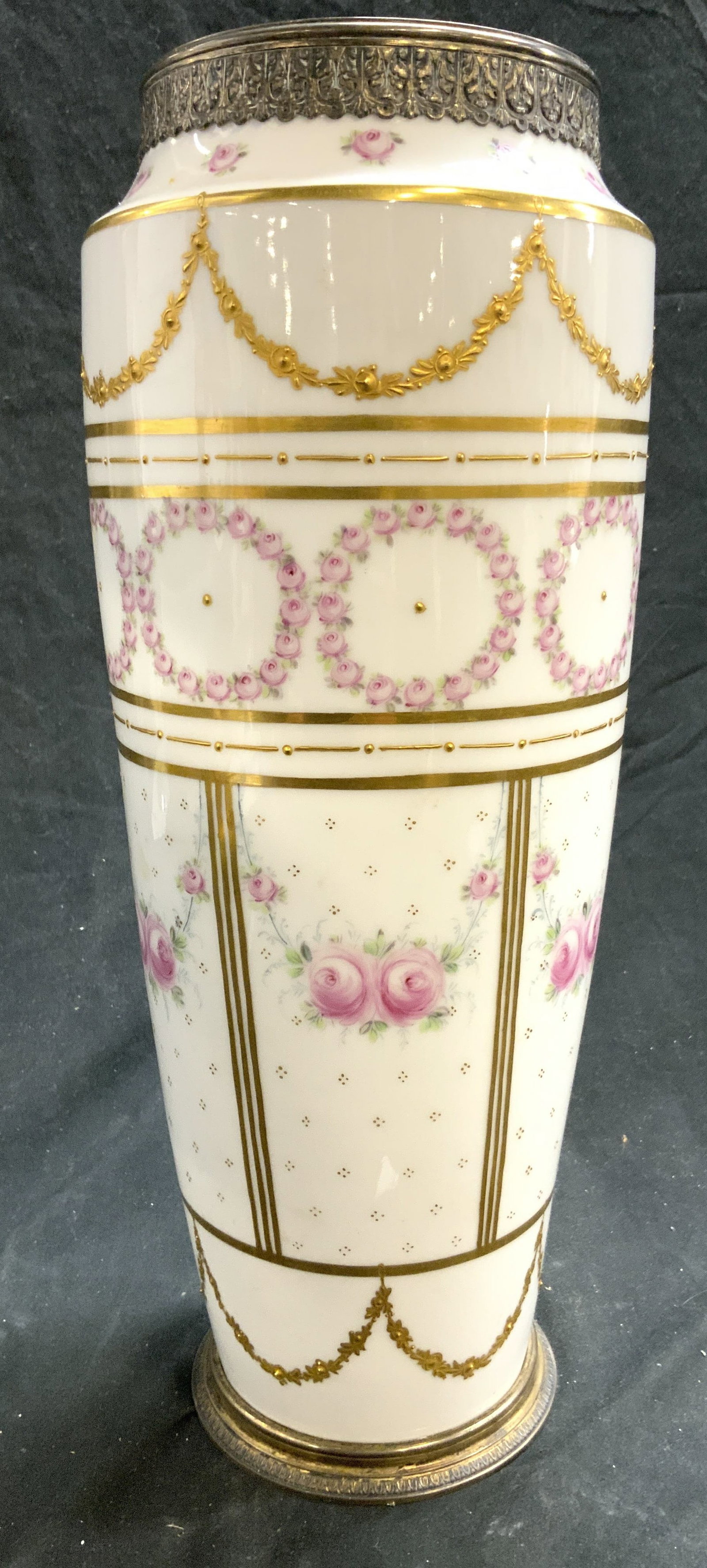 BPM Vintage Porcelain Vase W 800 Silver 13in: Underside is marked BPM. Underside of base inscribed GEBR FRIEDLANDER 800. Rim and base of vase have 800 silver ornamentation. Vase is porcelain with pink and green toned floral and leaf detail. Piece