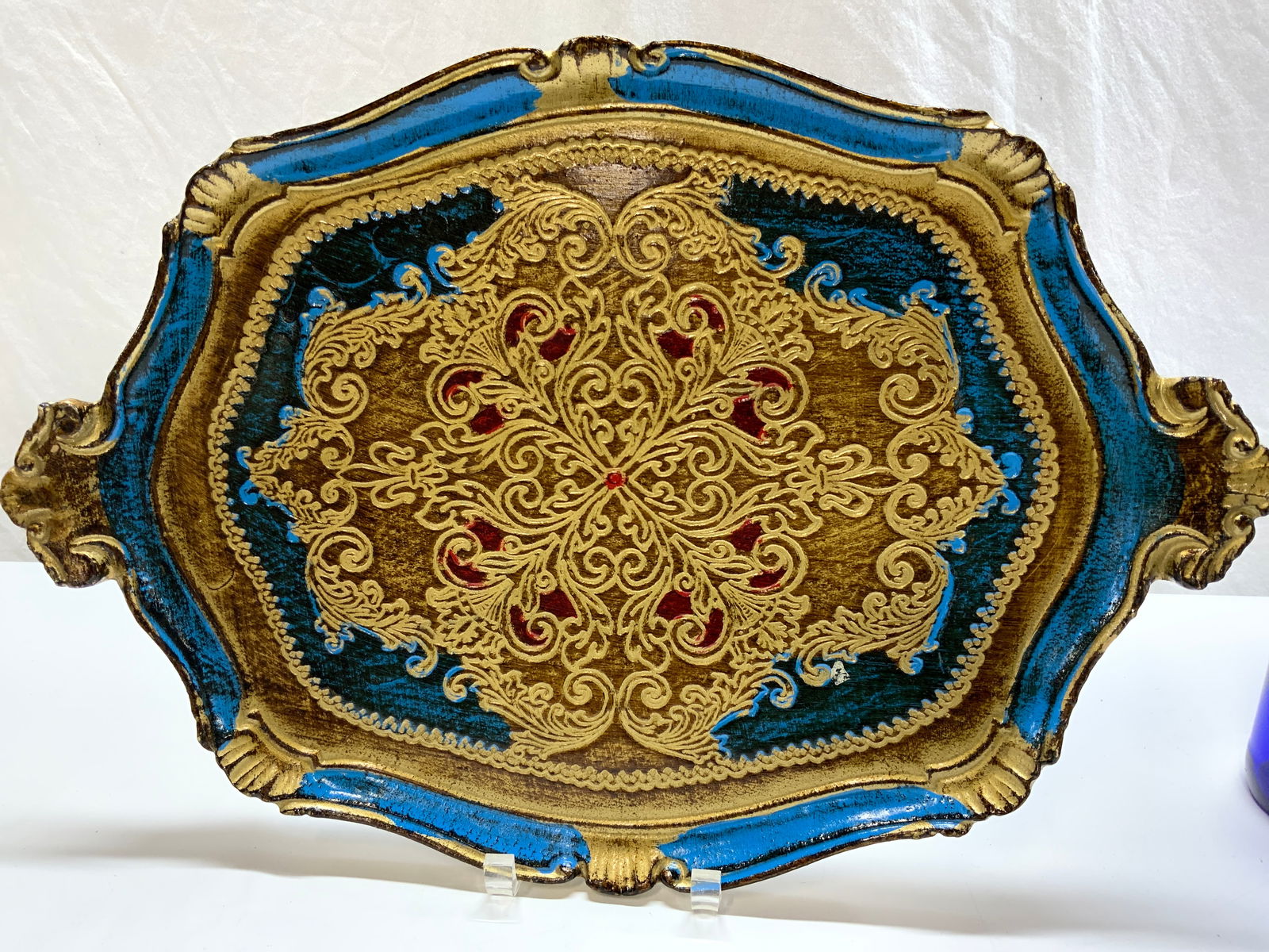 Blue & Gold Lacquer Florentine Wood Tray 20in, Italy (1 of 7)