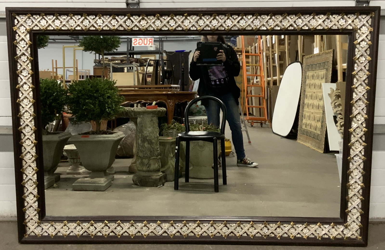 XL 4ft x 6ft Wooden & Mother Of Pearl Mirror: XL wooden made mirror, approx 4ft tall and 6ft wide, marked made in India, made with a dark wooden frame with carved mother of Pearl hatching and flowers in the centers along with brass accents. Glass