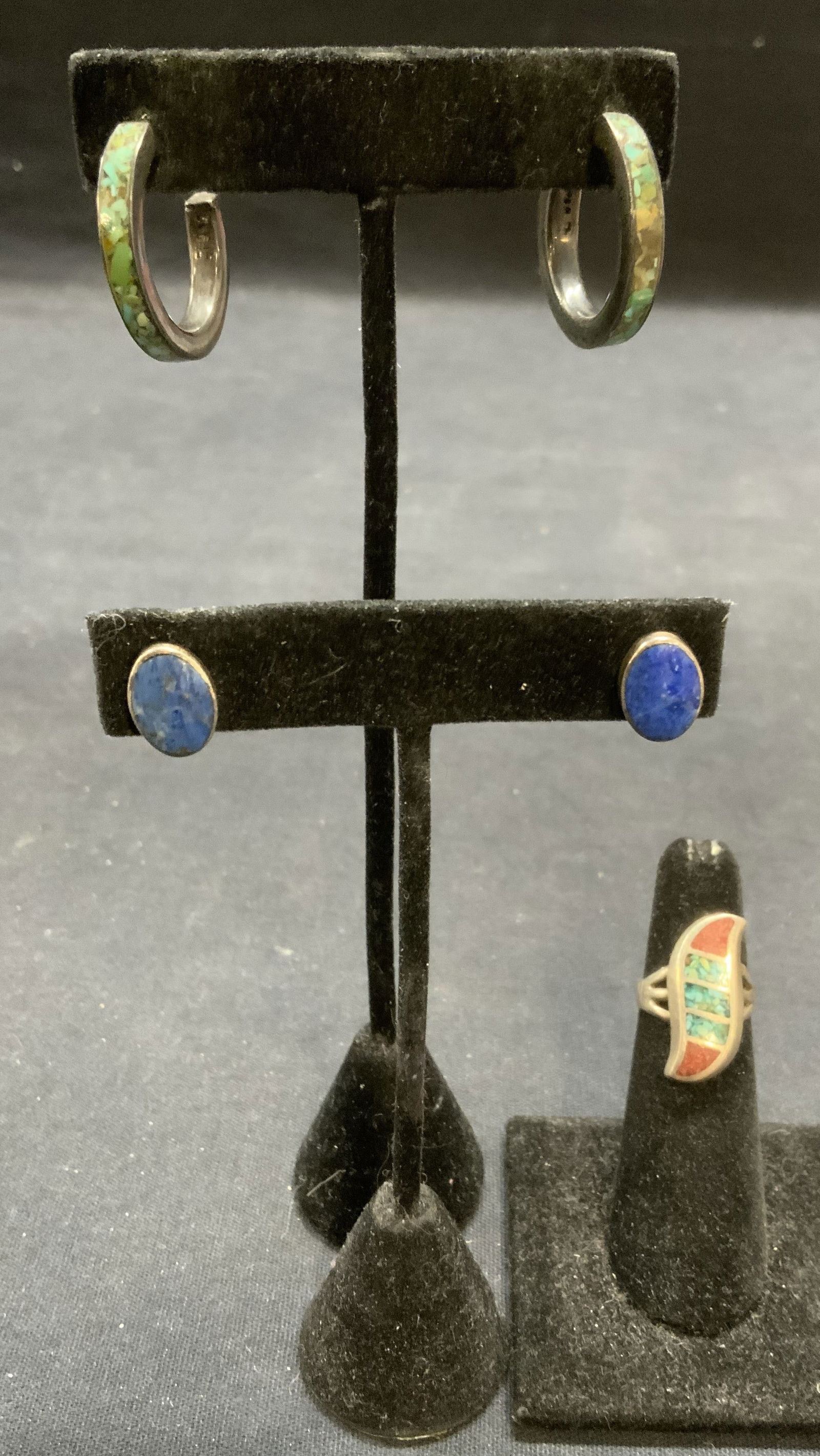 3 Sterling Silver Earrings & Ring Turquoise Lapis + (1 of 8)