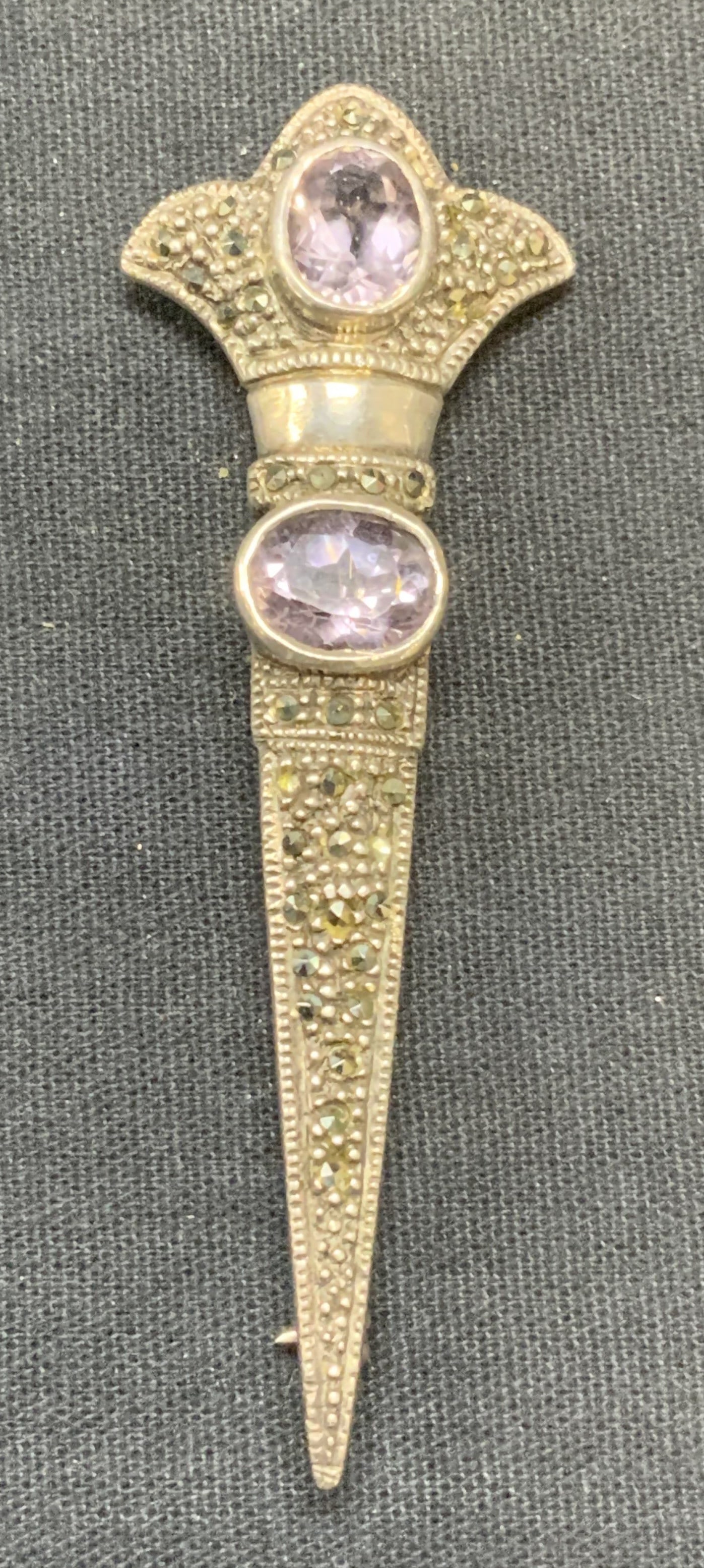 Vtg Sterling Silver, Amethyst & Marcasite Brooch (1 of 7)