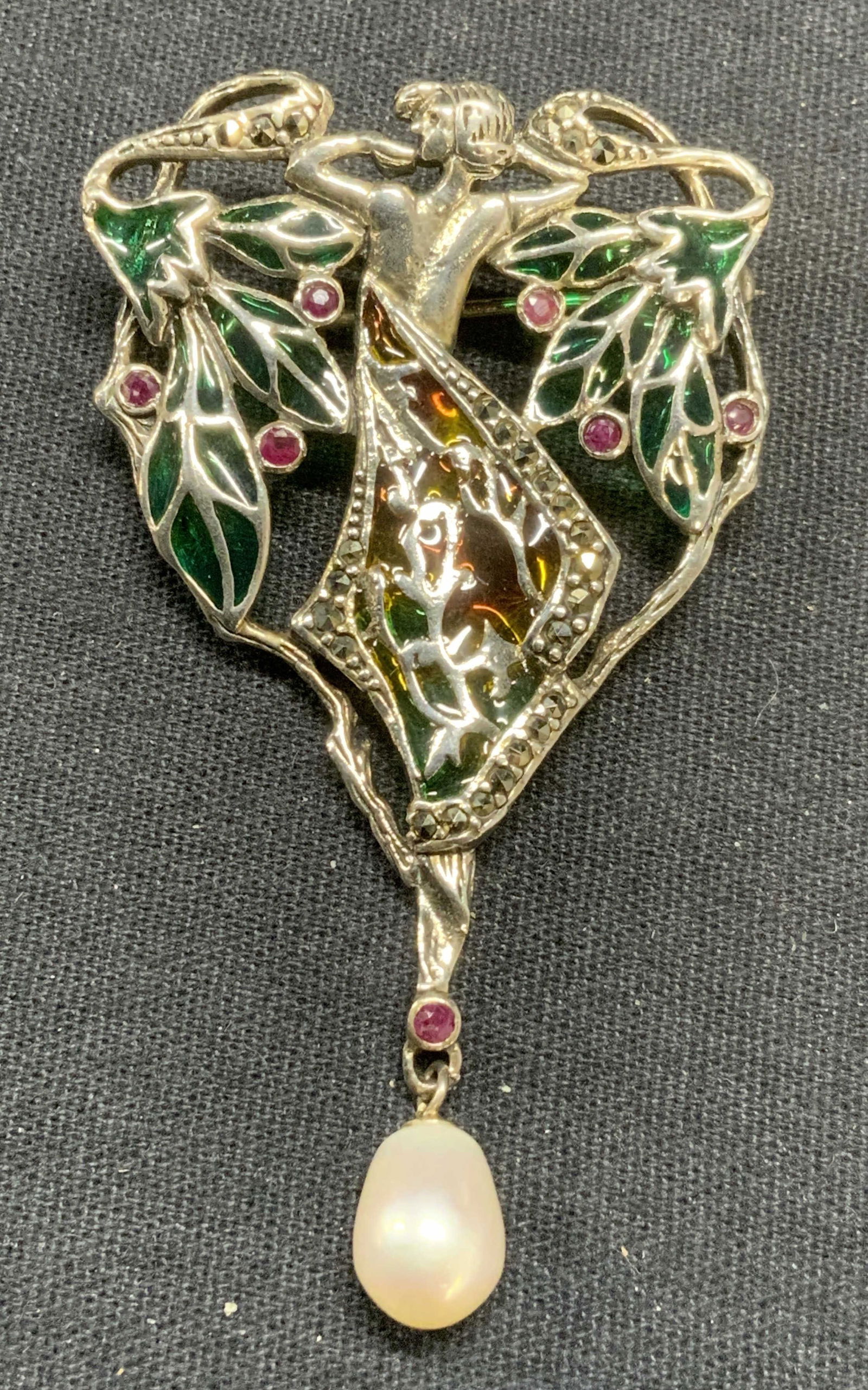 Vtg Sterling Silver Spinel, Pearl, Figural Brooch (1 of 8)