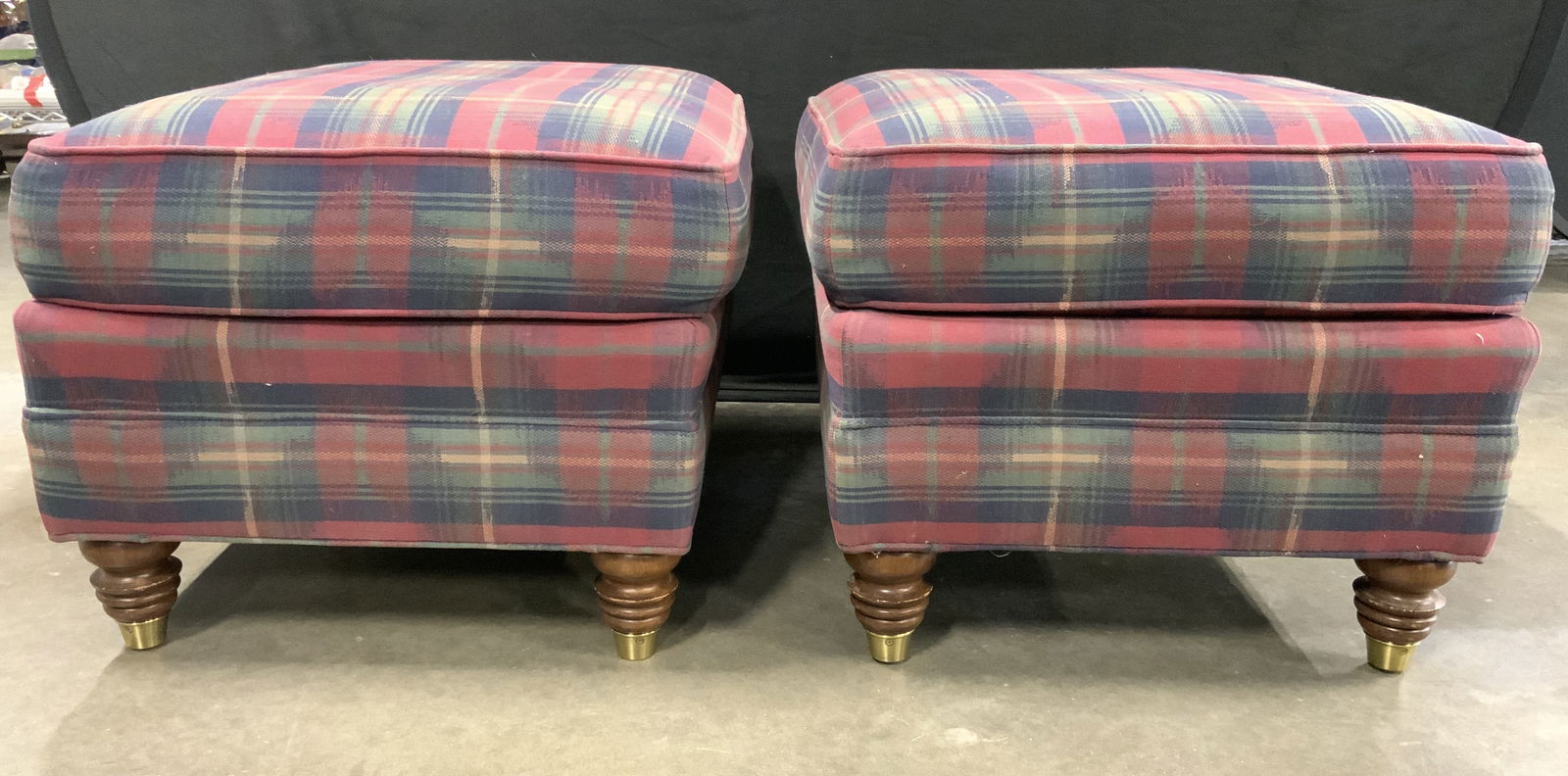 Vintage Pr Plaid Upholstered Ottomans W Slipcovers (1 of 10)
